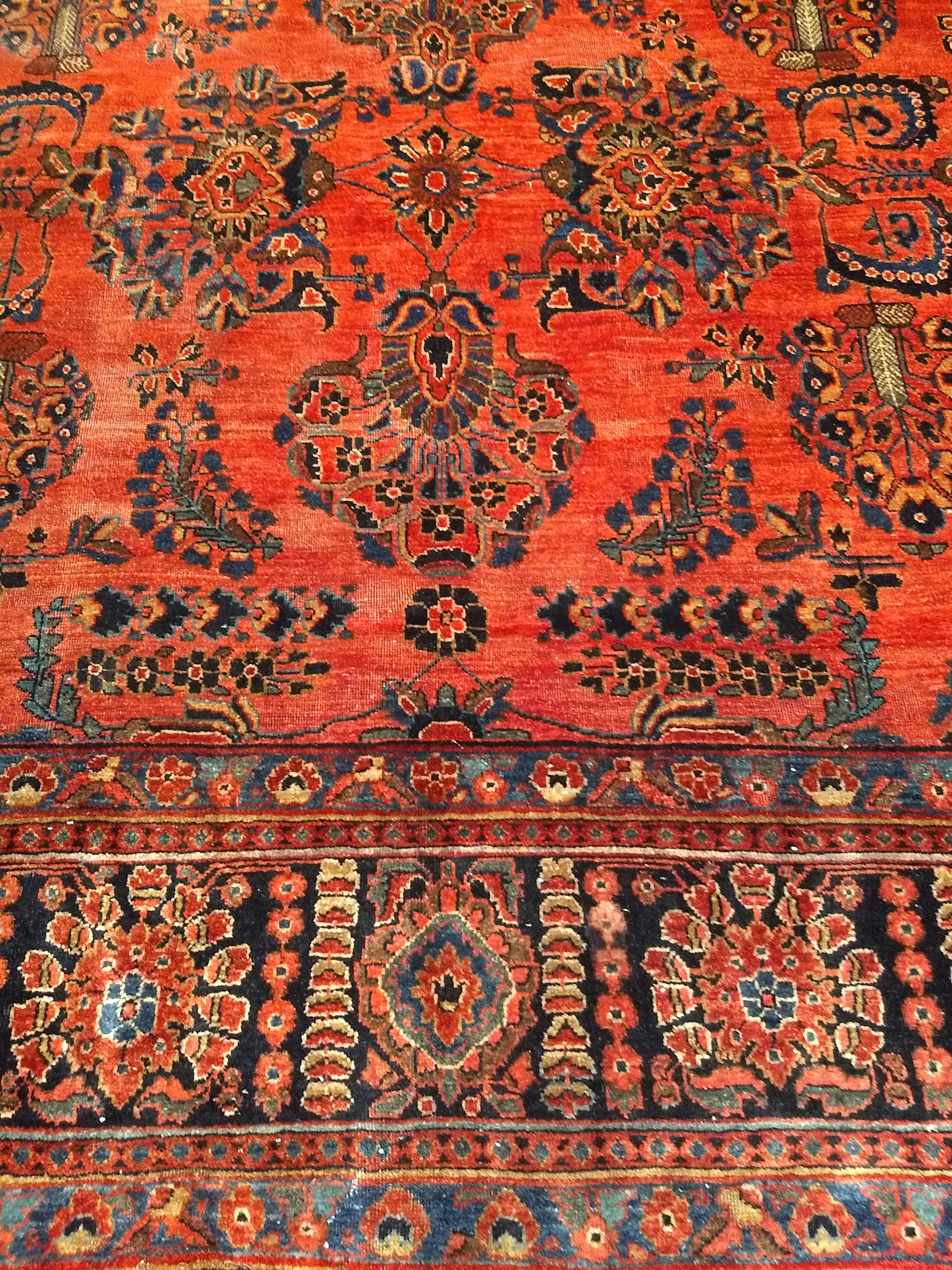 Vintage Persian Sarouk in Allover Pattern in Dark Red, French Blue, Yellow, Pink In Good Condition In Barrington, IL