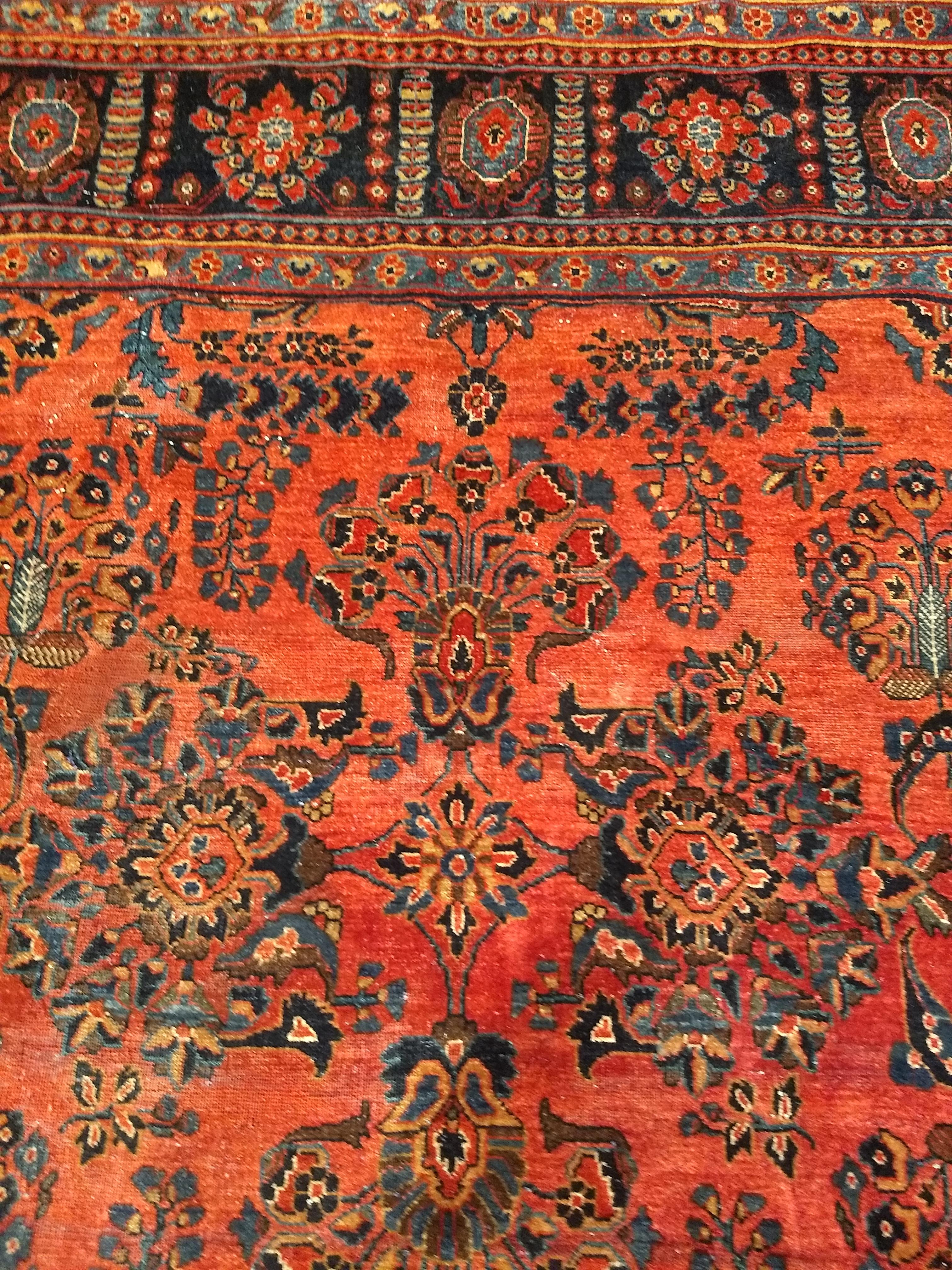 Wool Vintage Persian Sarouk in Allover Pattern in Dark Red, French Blue, Yellow, Pink