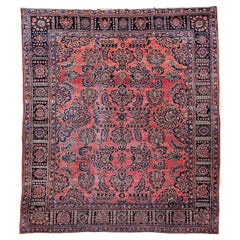Antique Persian Sarouk in Allover Pattern in Dark Red, French Blue, Yellow, Pink