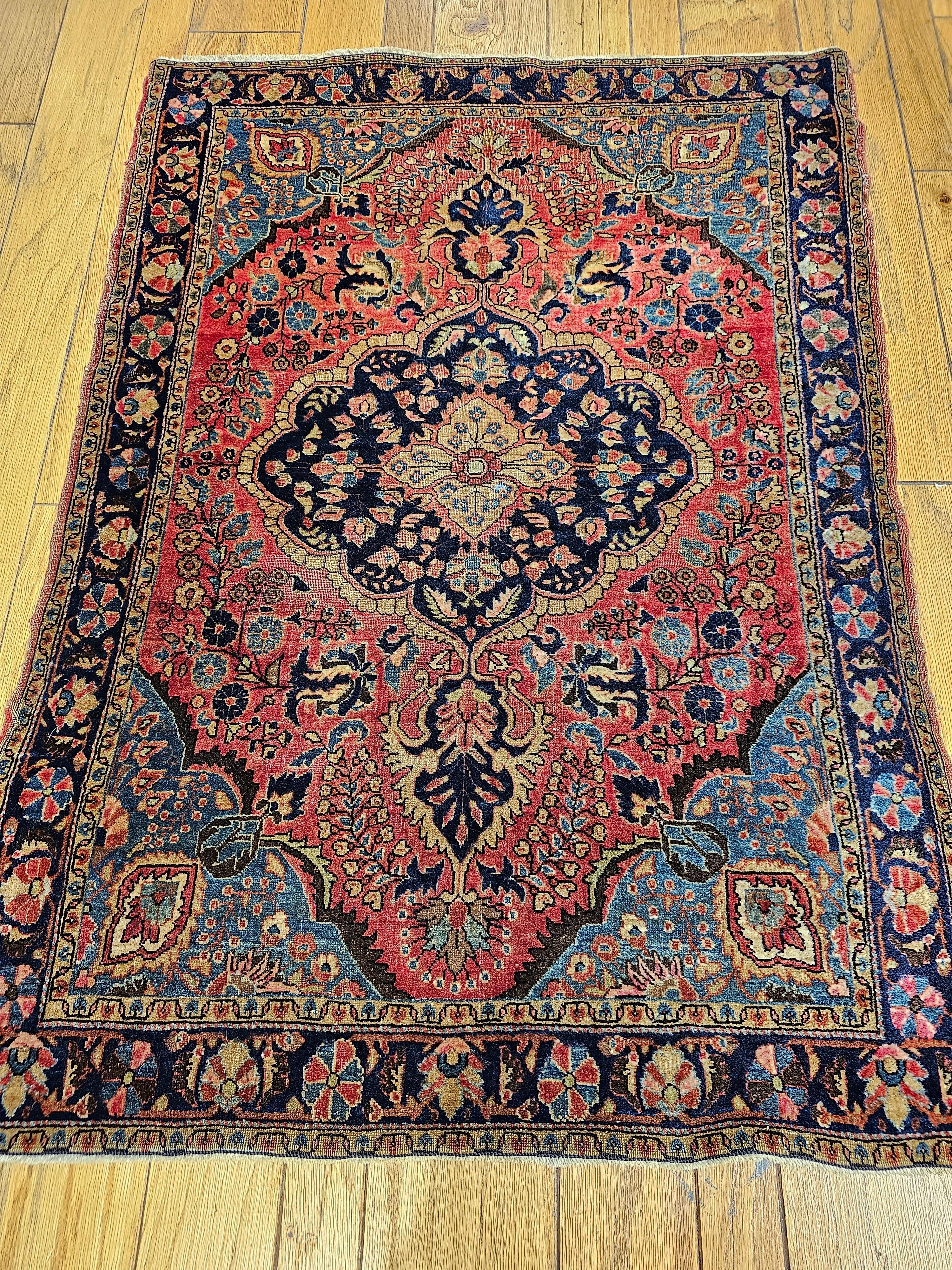 Vintage Persian Sarouk in Floral Design with Turquoise, Navy Blue, Red Colors For Sale 5