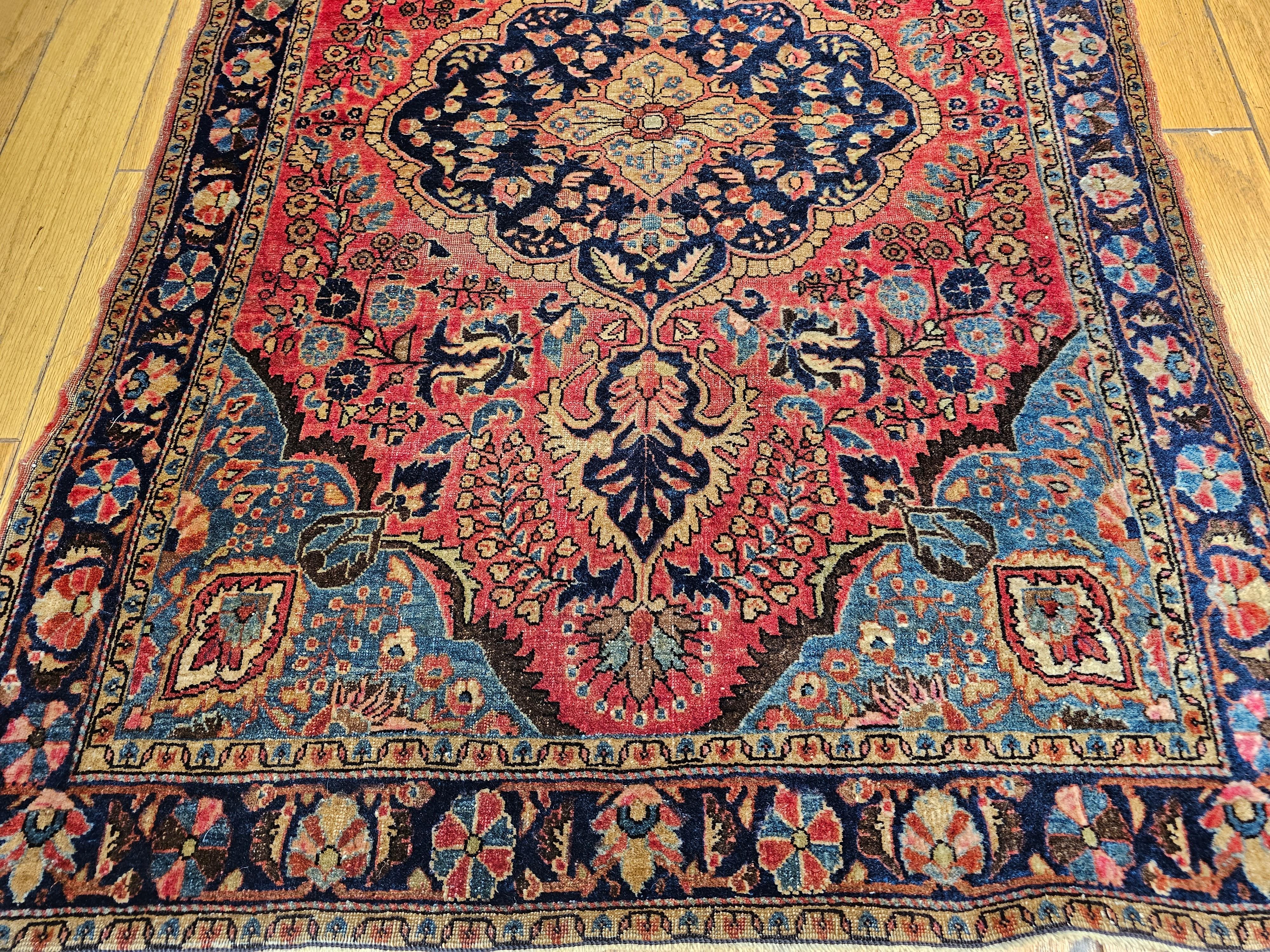 Vintage Persian Sarouk in Floral Design with Turquoise, Navy Blue, Red Colors For Sale 6