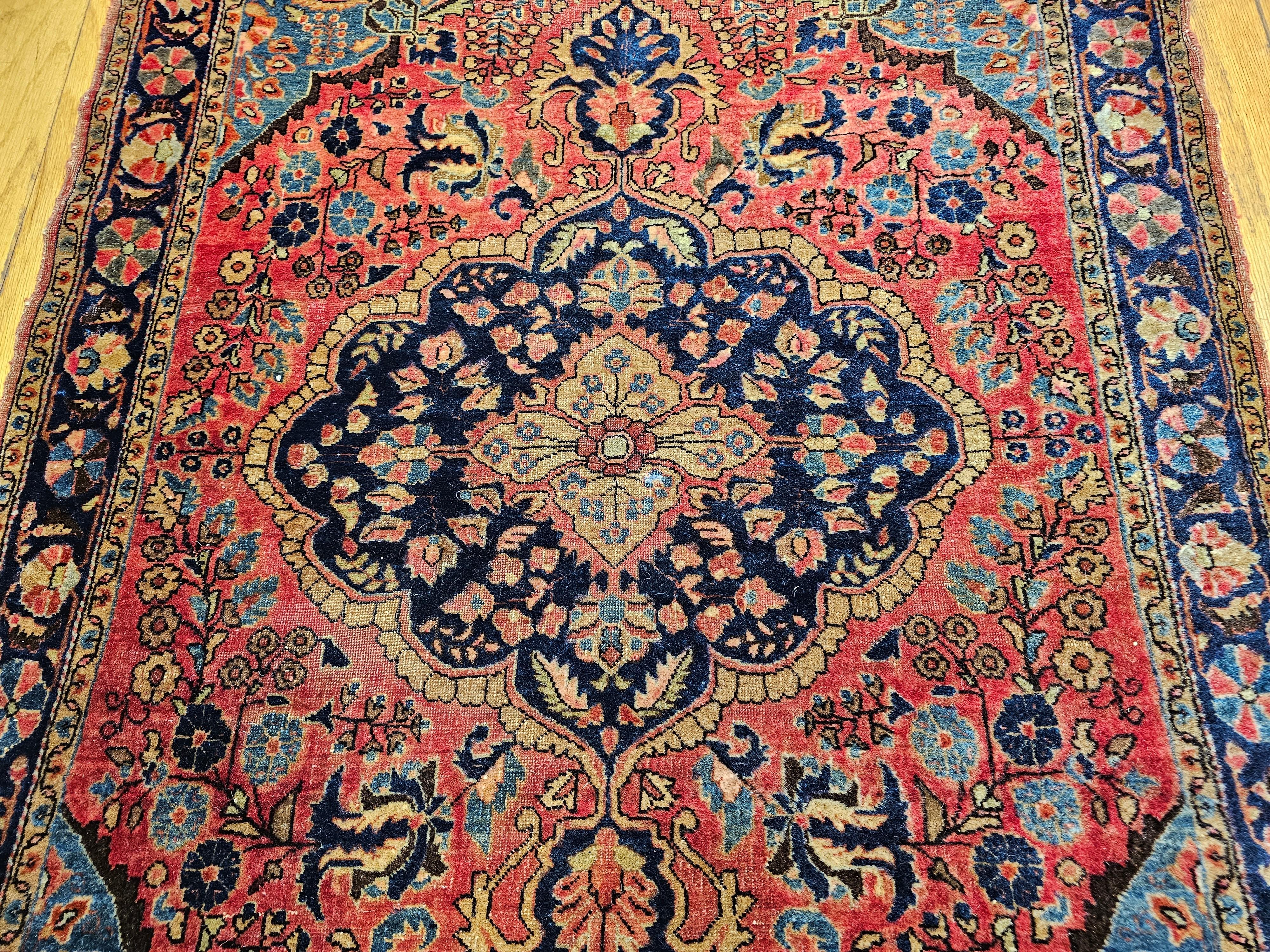 Vintage Persian Sarouk in Floral Design with Turquoise, Navy Blue, Red Colors For Sale 7