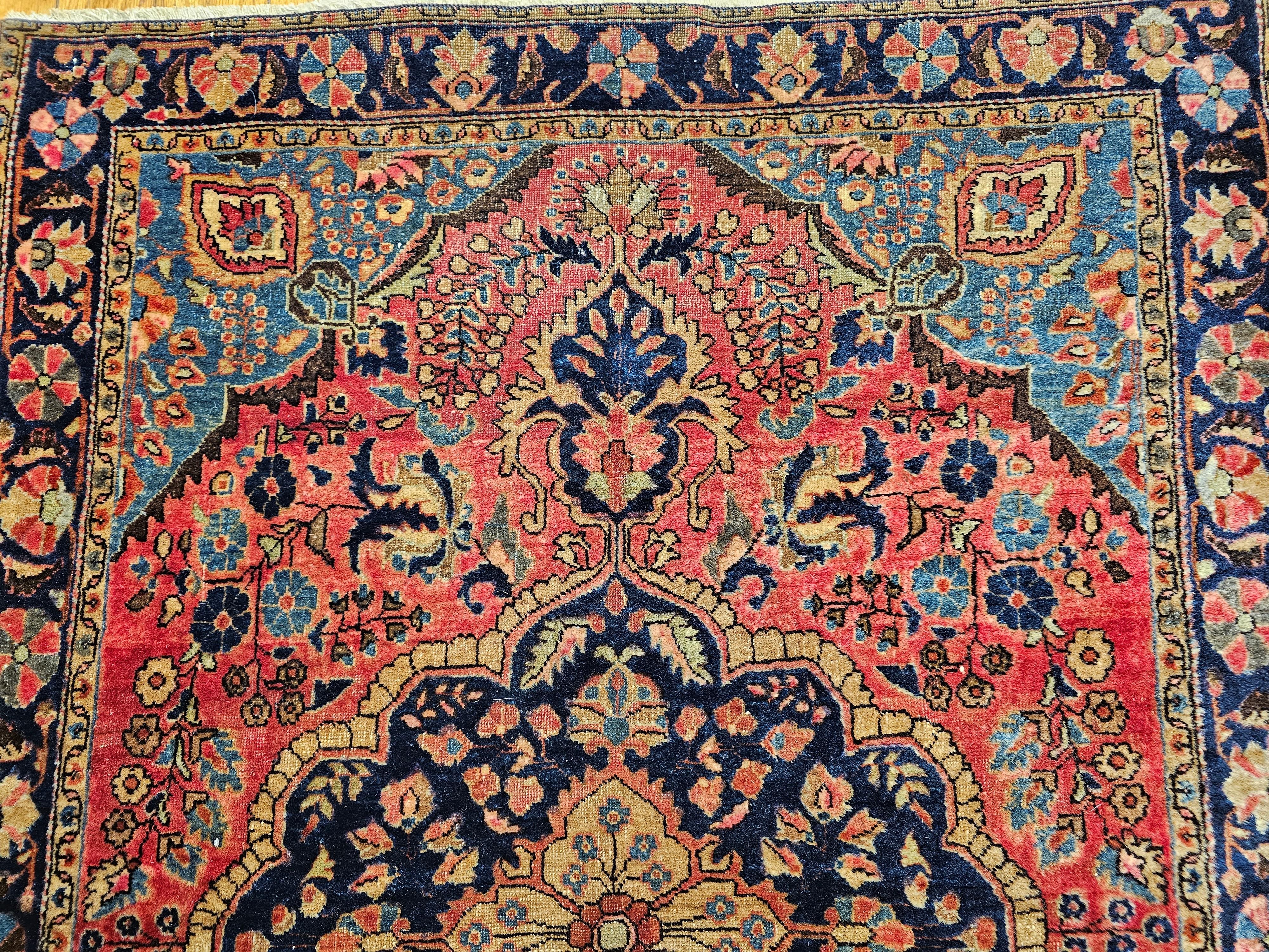 Vintage Persian Sarouk in Floral Design with Turquoise, Navy Blue, Red Colors For Sale 8