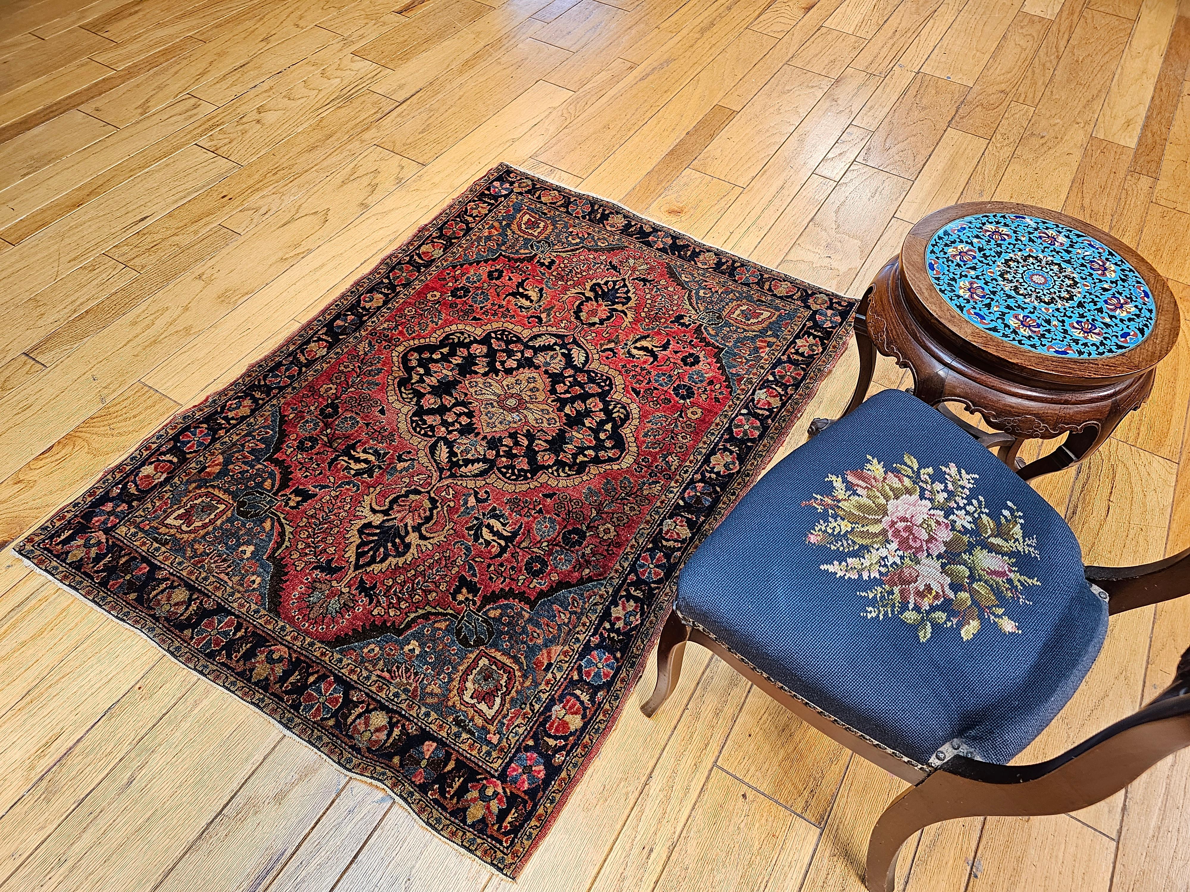 Vintage Persian Sarouk in Floral Design with Turquoise, Navy Blue, Red Colors For Sale 10