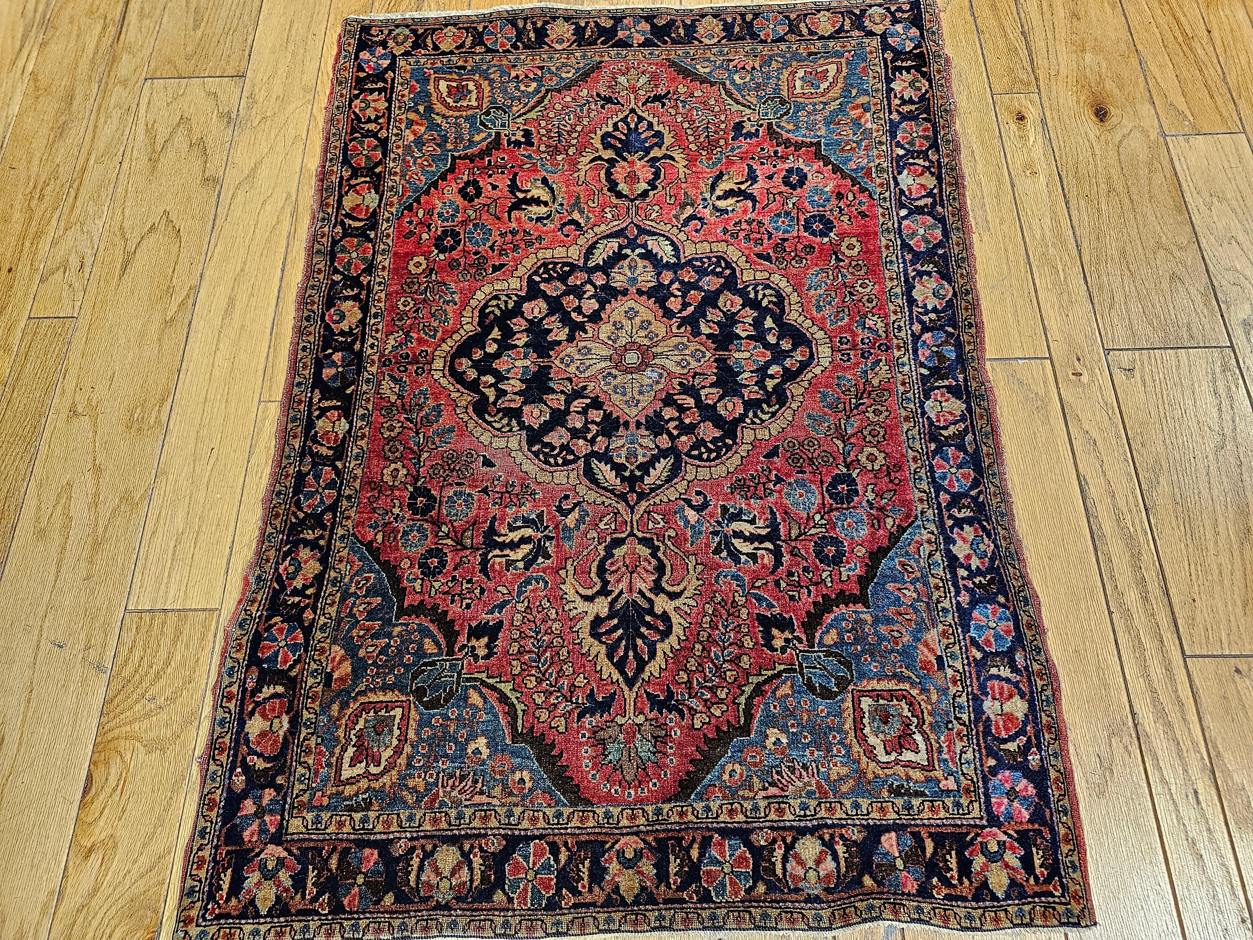Vintage Persian Sarouk in Floral Design with Turquoise, Navy Blue, Red Colors For Sale 14