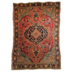 Sarouk persan vintage à motif floral turquoise, bleu, rouge rouille