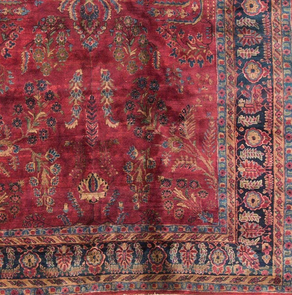 The vintage rugs of Sarouk, from the Arak province town of that name and surrounding villages, were created to satisfy American demand for a very thick, dense, very long wearing carpet with enough oriental touches to make them instantly