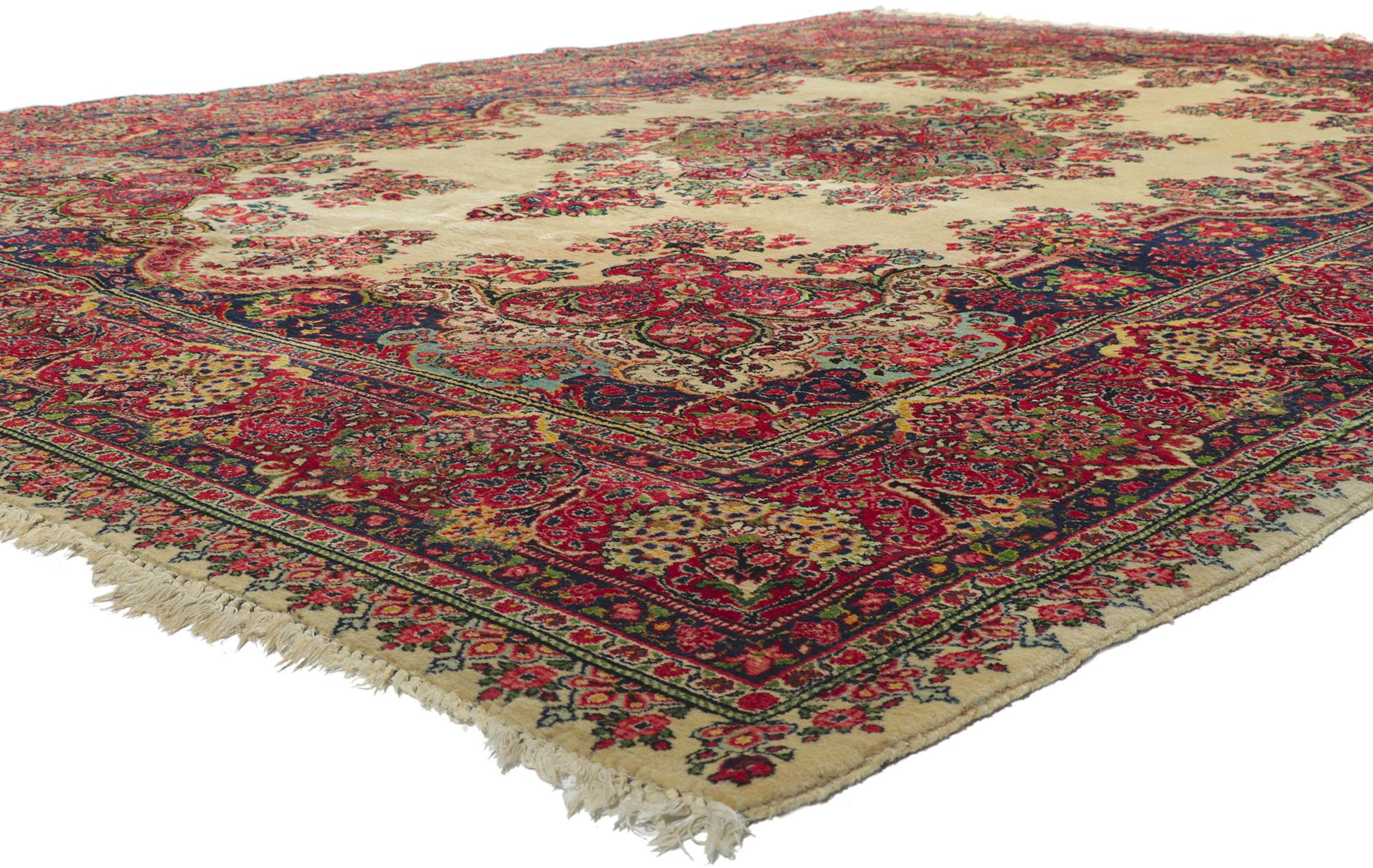 78229 Vintage Persian Sarouk Rug, 10'03 x 13'09. ​Rich in color with incredible detail and texture, this hand knotted vintage Persian Sarouk rug is a captivating vision of woven beauty. The magestic floral design and lively color palette woven into