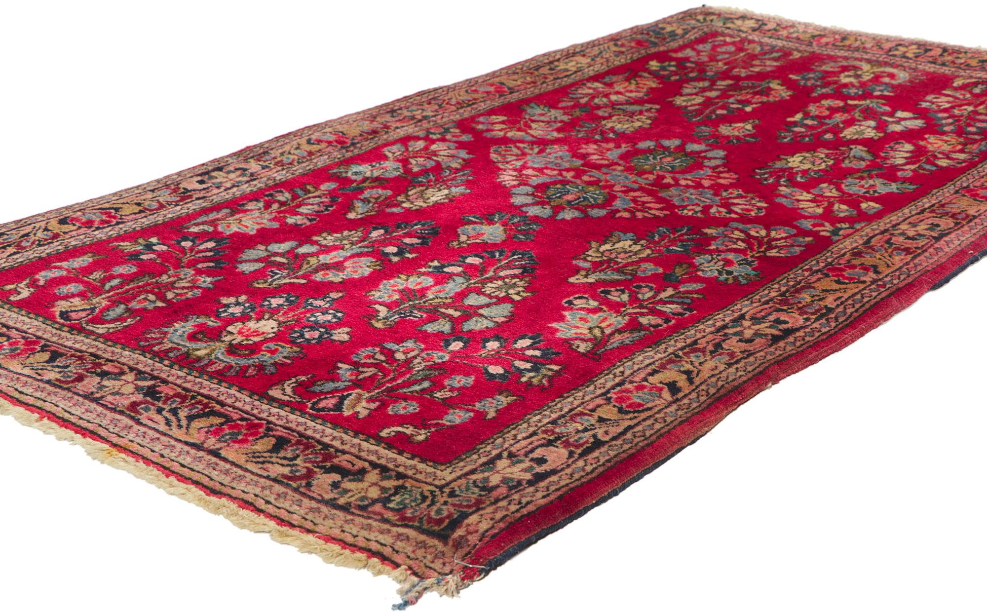 78315 Vintage Persian Sarouk Rug, 02'07 x 04'11.
Exuding a traditional sensibility and regal allure, this exquisite hand-knotted wool vintage Persian Sarouk rug effortlessly captures the essence of timeless elegance. The intricate floral design and