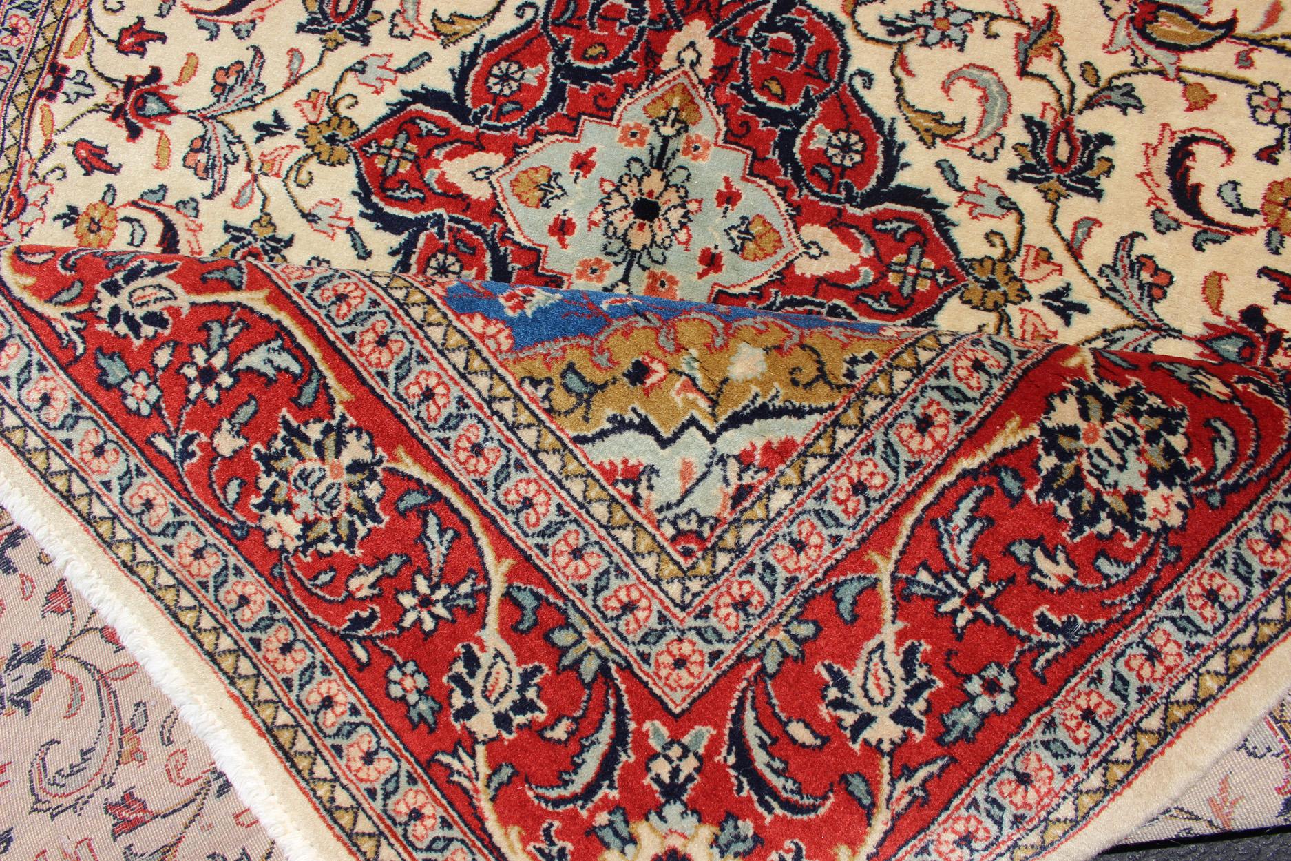 Vintage Persian Tabriz Rug with Floral Design in Cream, blue and Red 4
