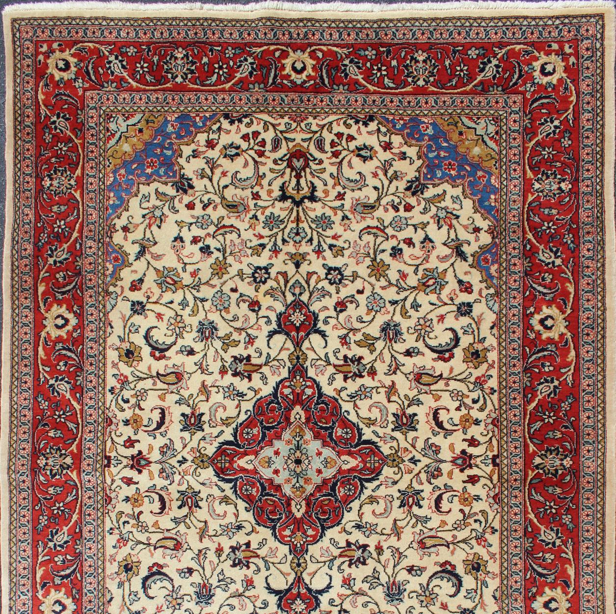 Vintage Persian Tabriz Rug with Floral Design in Cream, blue and Red 5