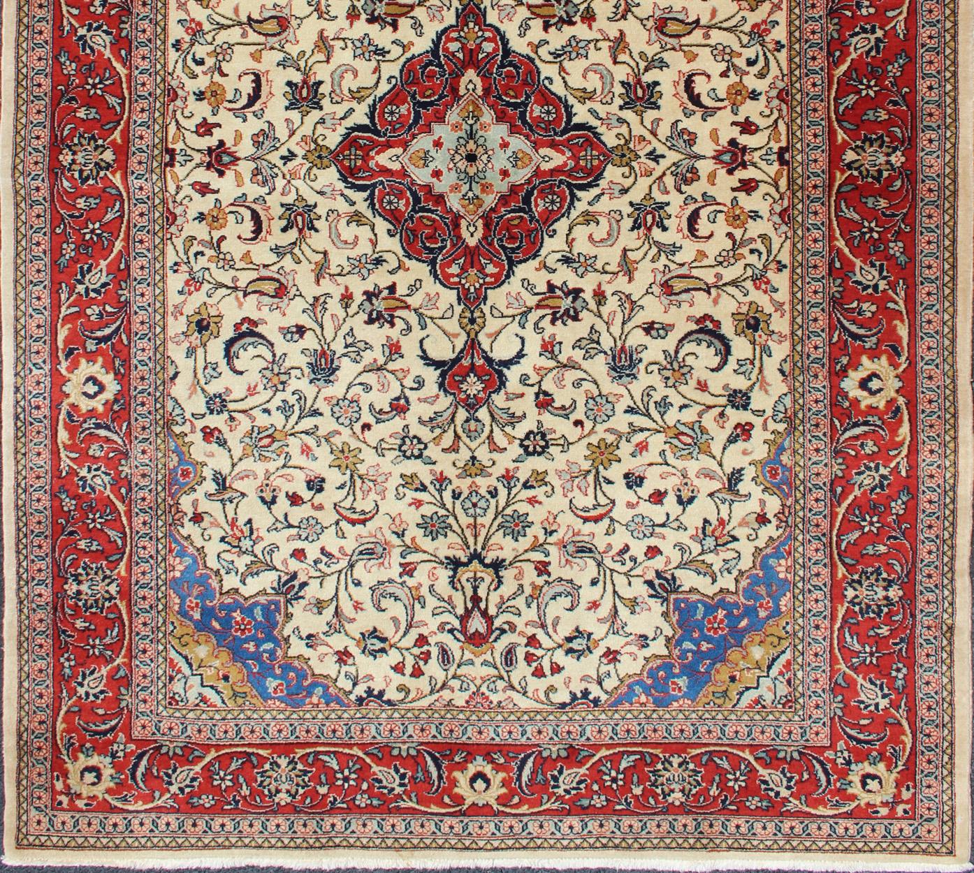 Hand-Knotted Vintage Persian Tabriz Rug with Floral Design in Cream, blue and Red
