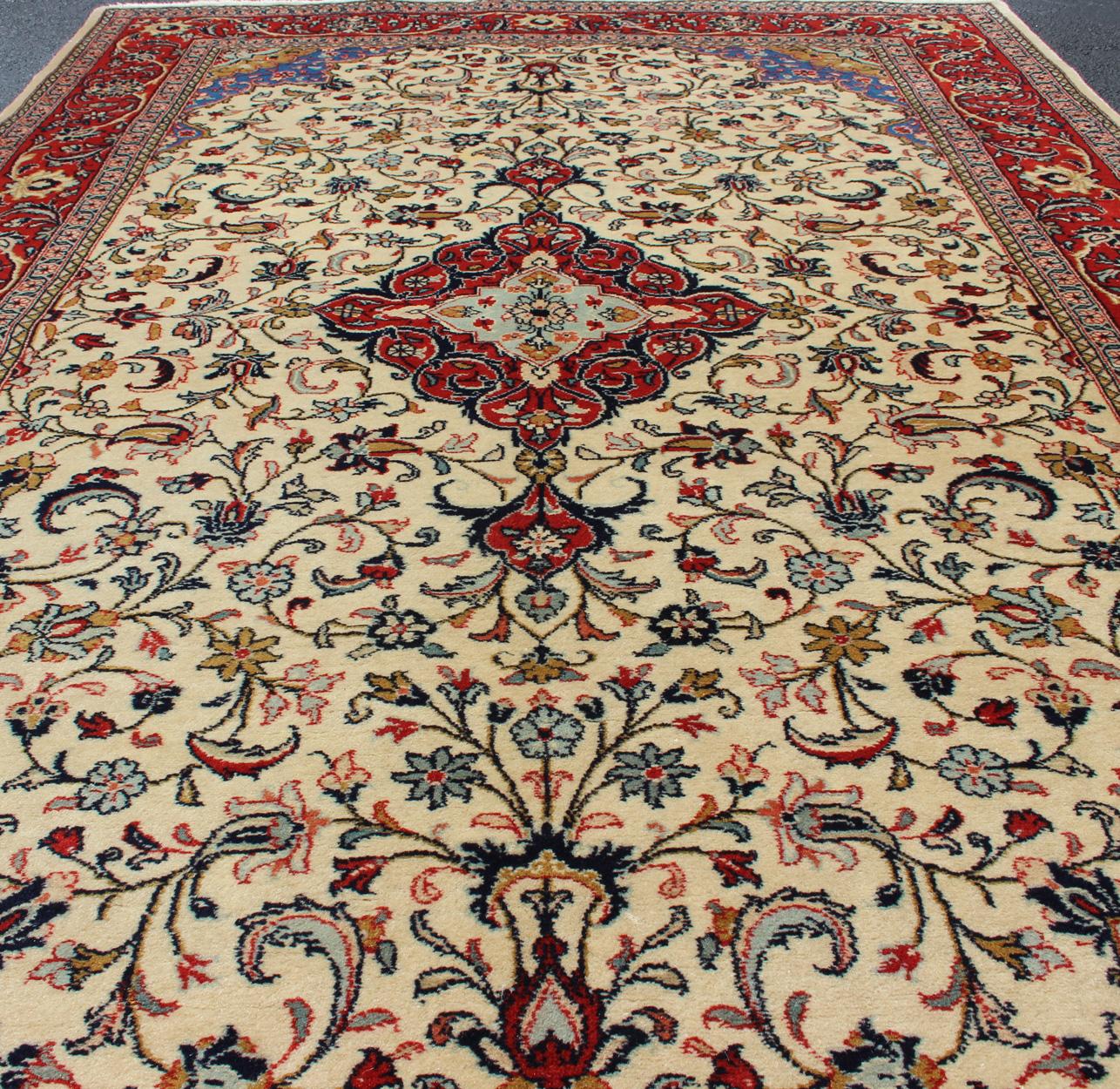 20th Century Vintage Persian Tabriz Rug with Floral Design in Cream, blue and Red