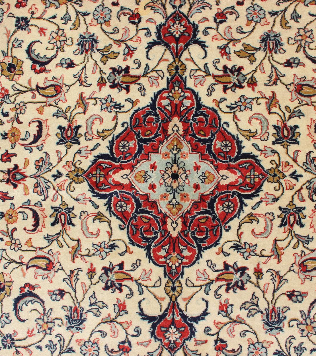 Wool Vintage Persian Tabriz Rug with Floral Design in Cream, blue and Red