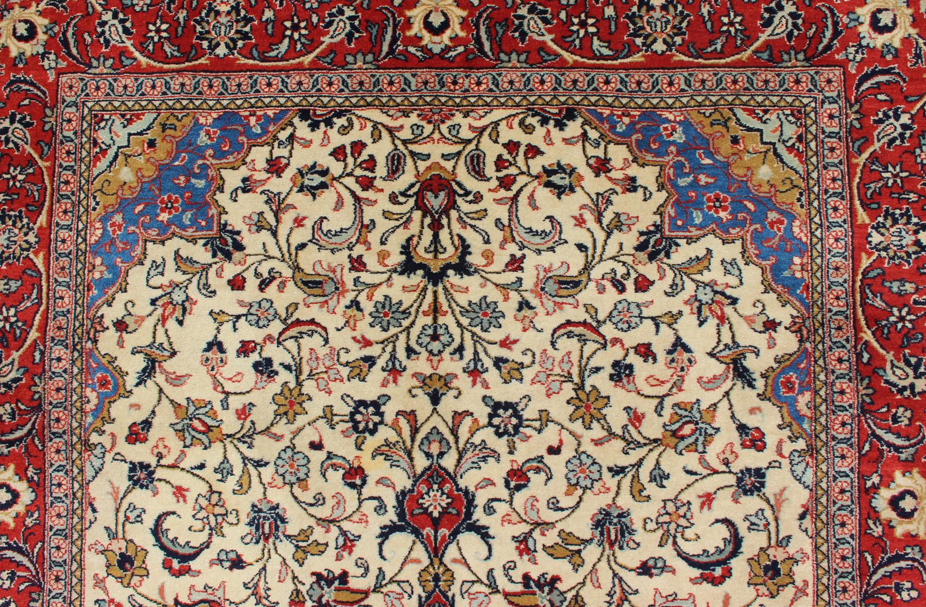 Vintage Persian Tabriz Rug with Floral Design in Cream, blue and Red 1