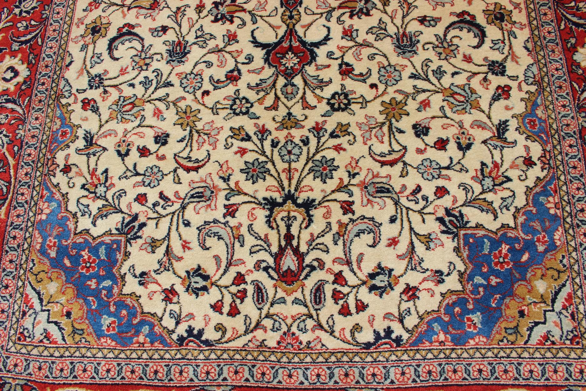 Vintage Persian Tabriz Rug with Floral Design in Cream, blue and Red 2