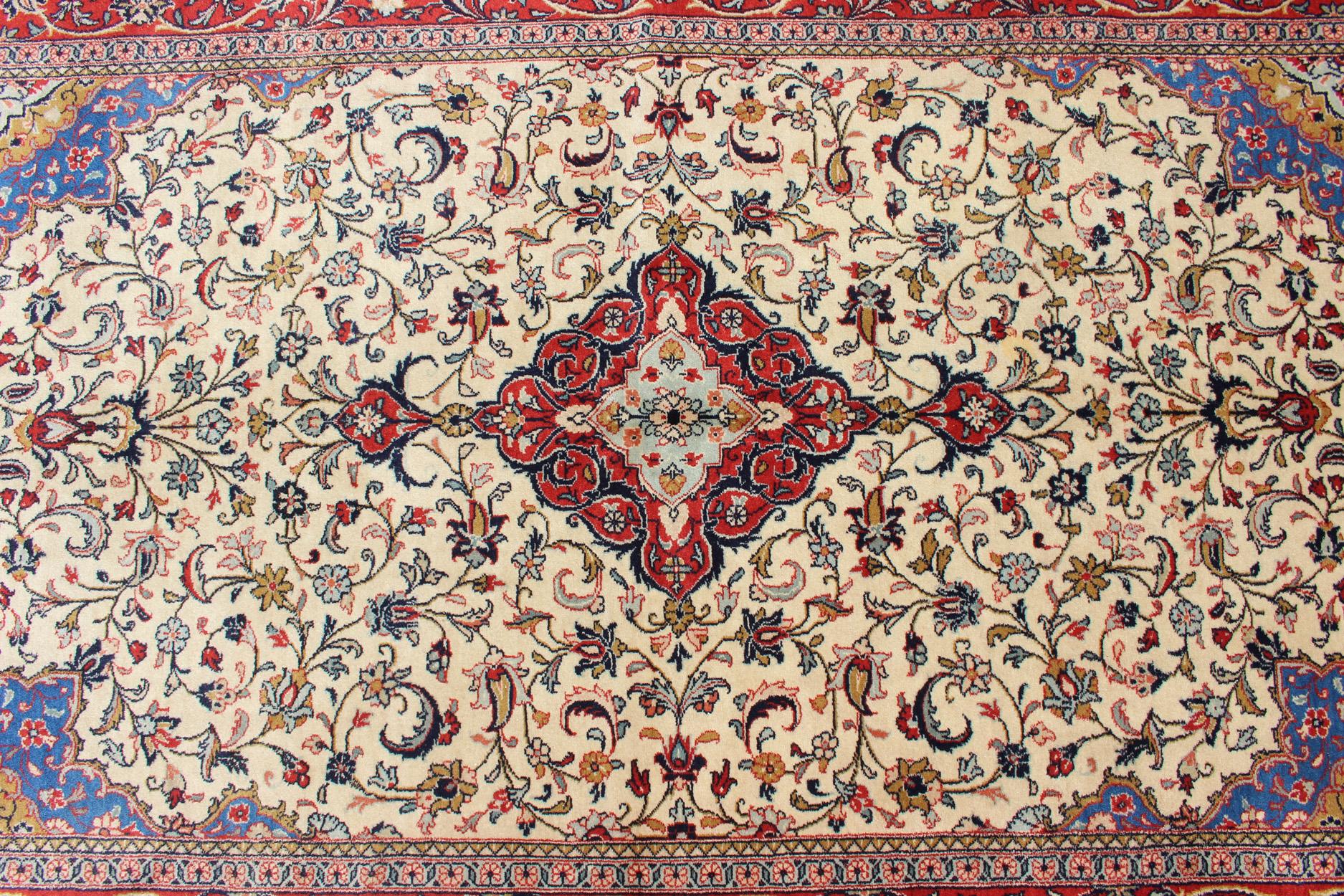 Vintage Persian Tabriz Rug with Floral Design in Cream, blue and Red 3