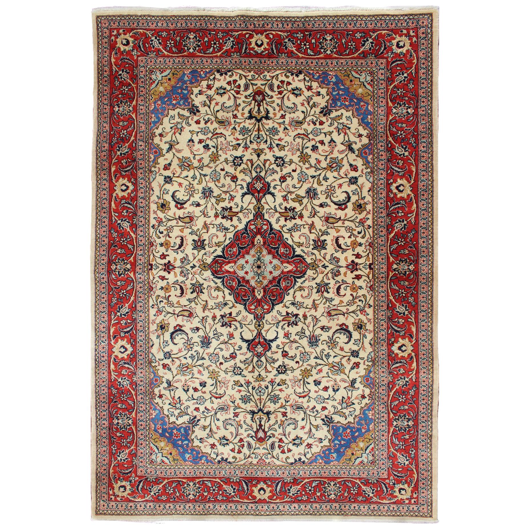 Vintage Persian Tabriz Rug with Floral Design in Cream, blue and Red