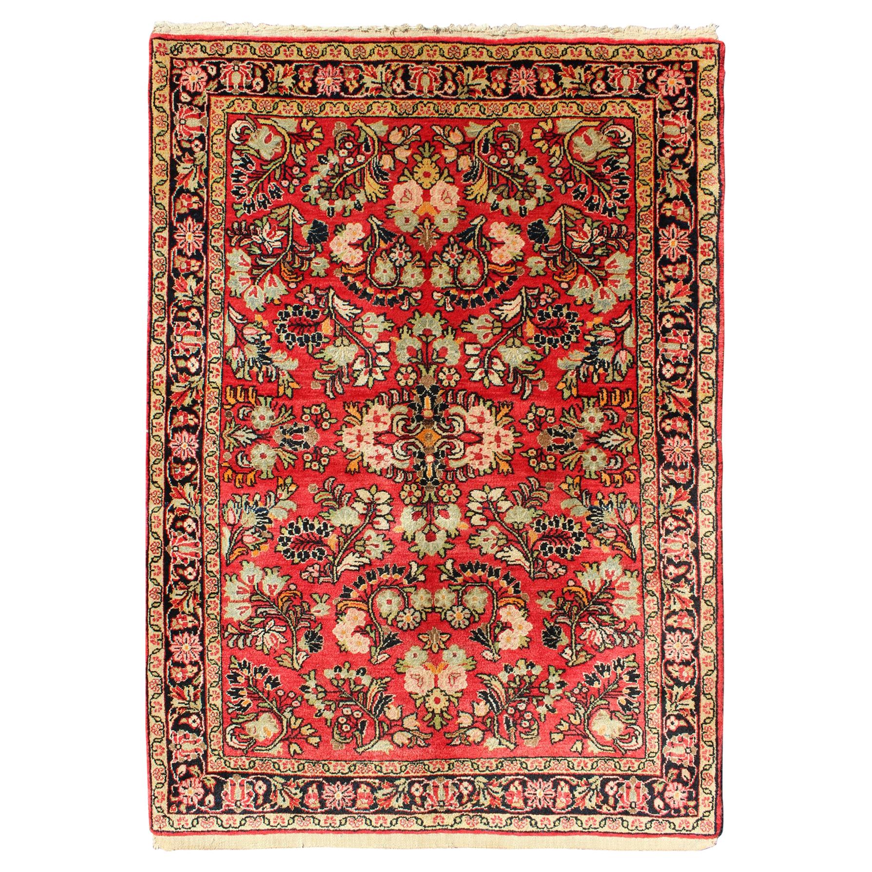 Vintage Persian Sarouk Rug with All-Over Floral Design in Rich Red, Onyx Black