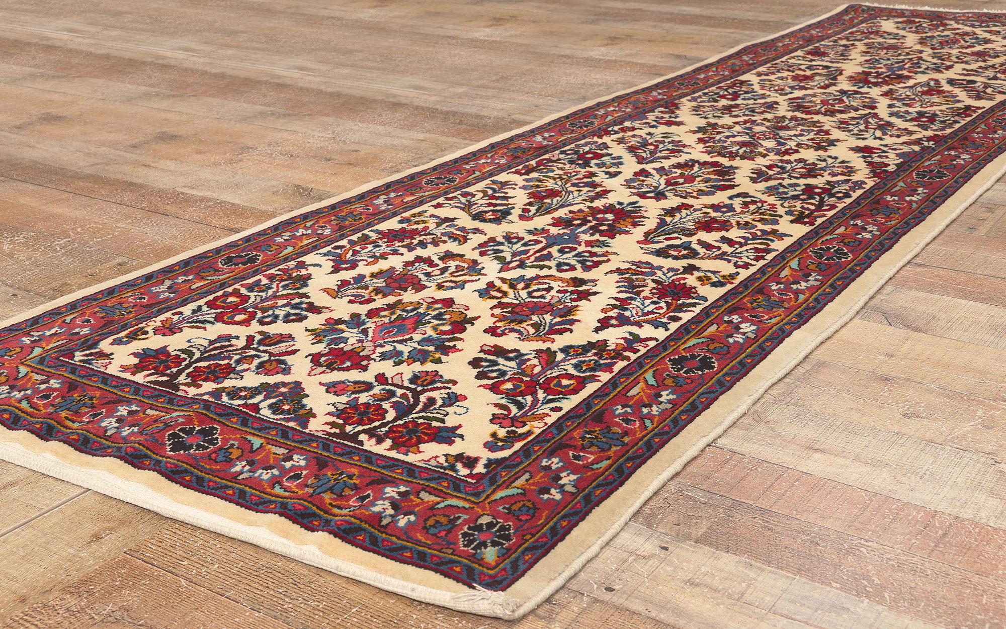Wool Vintage Persian Sarouk Runner, Stately Decadence Meets Stylish Durability For Sale