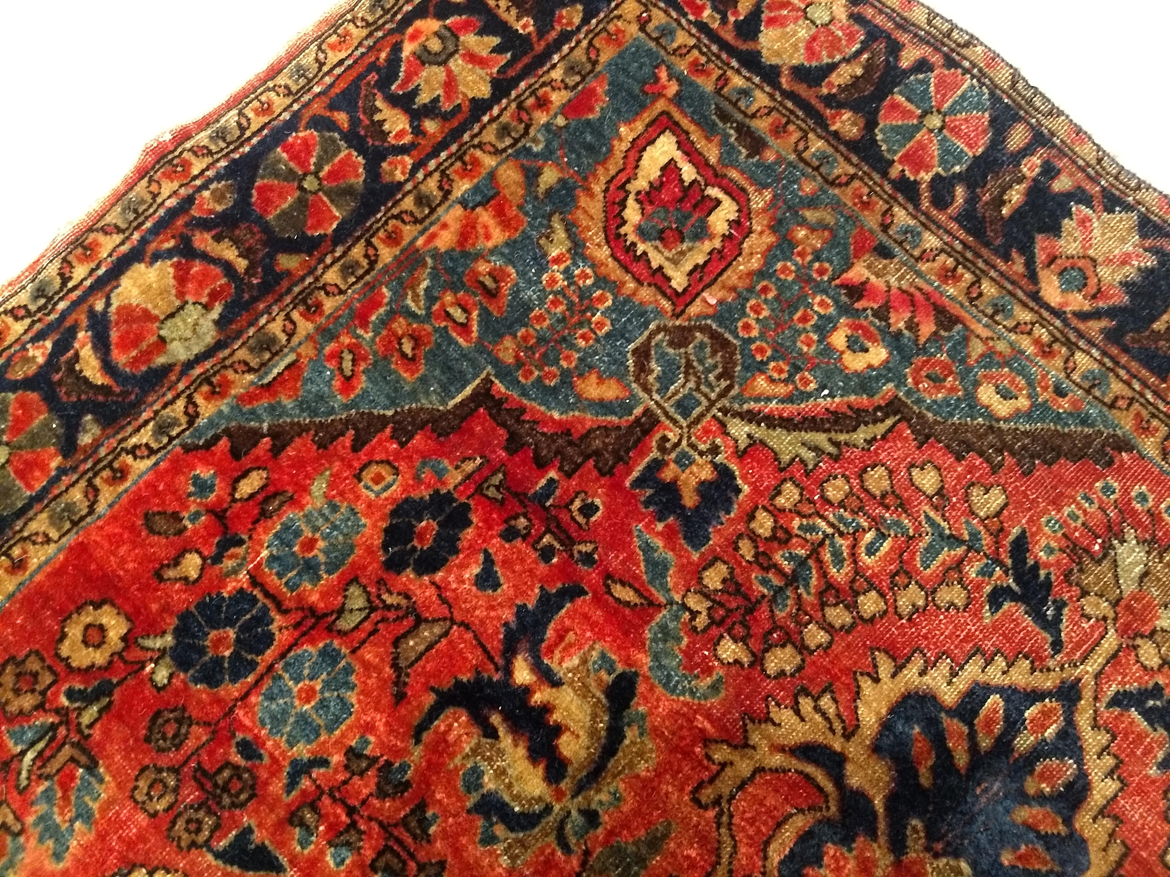 Vintage Persian Sarouk in Floral Design with Turquoise, Navy Blue, Red Colors For Sale 3