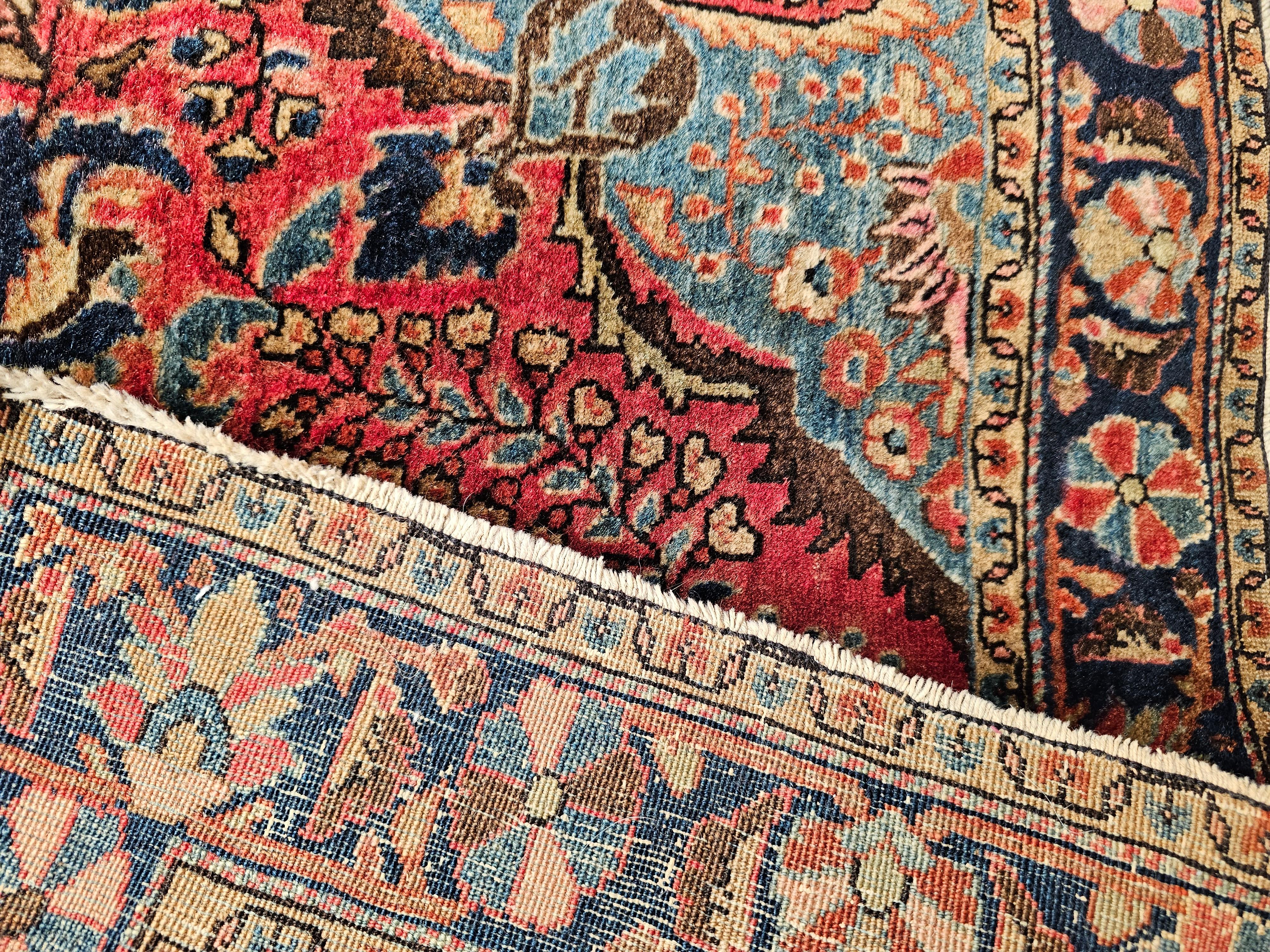 Vintage Persian Sarouk in Floral Design with Turquoise, Navy Blue, Red Colors For Sale 4