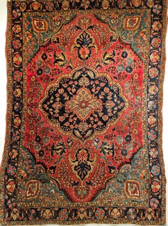 Persischer Sarouk im Vintage-Stil in Blumendesign mit Türkis, Marineblau, Blau, Rostrot