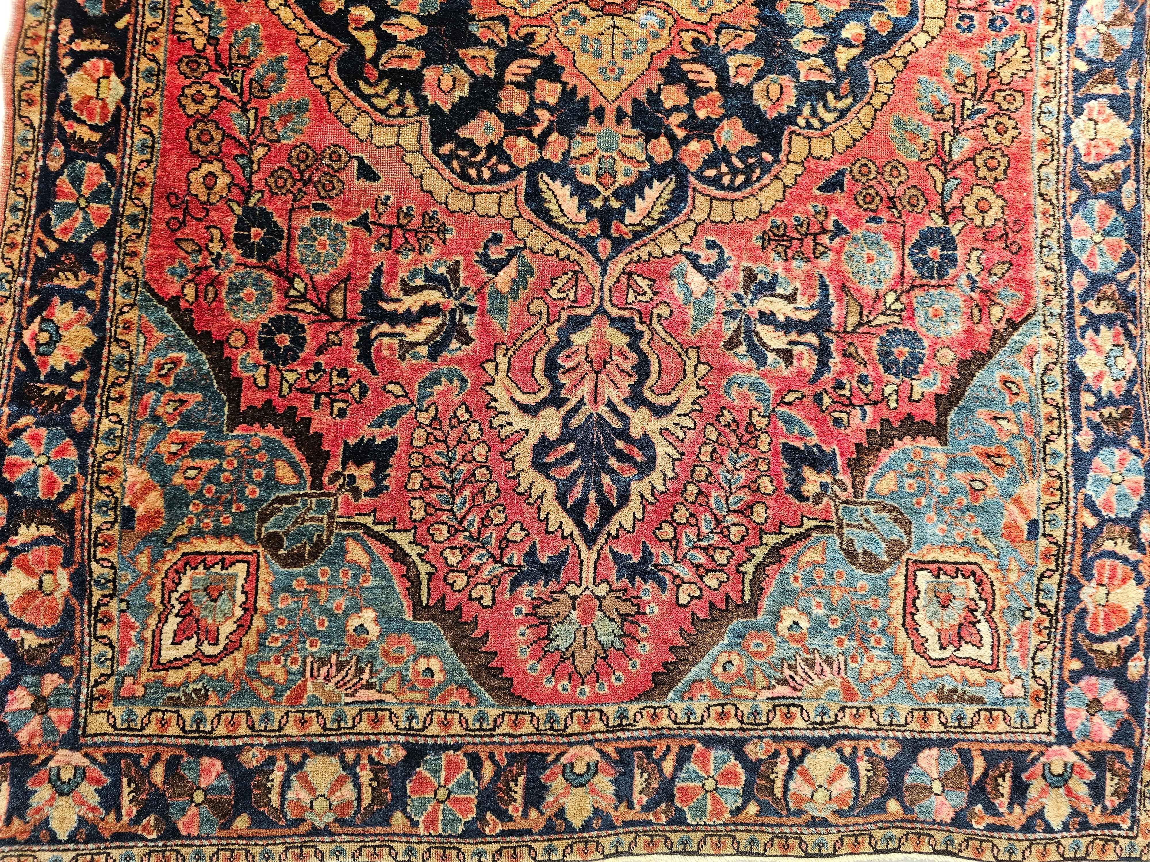 Vintage Persian Sarouk in Floral Design with Turquoise, Navy Blue, Red Colors In Good Condition For Sale In Barrington, IL