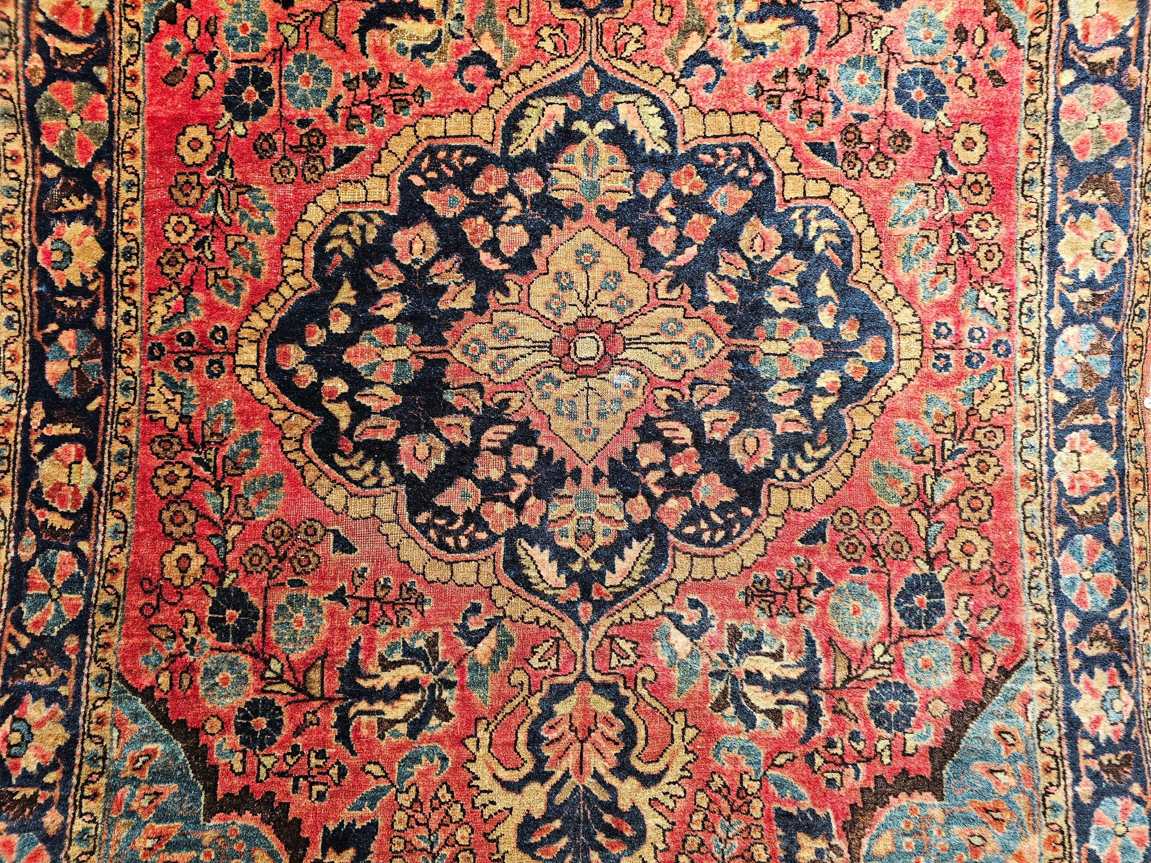 20th Century Vintage Persian Sarouk in Floral Design with Turquoise, Navy Blue, Red Colors For Sale