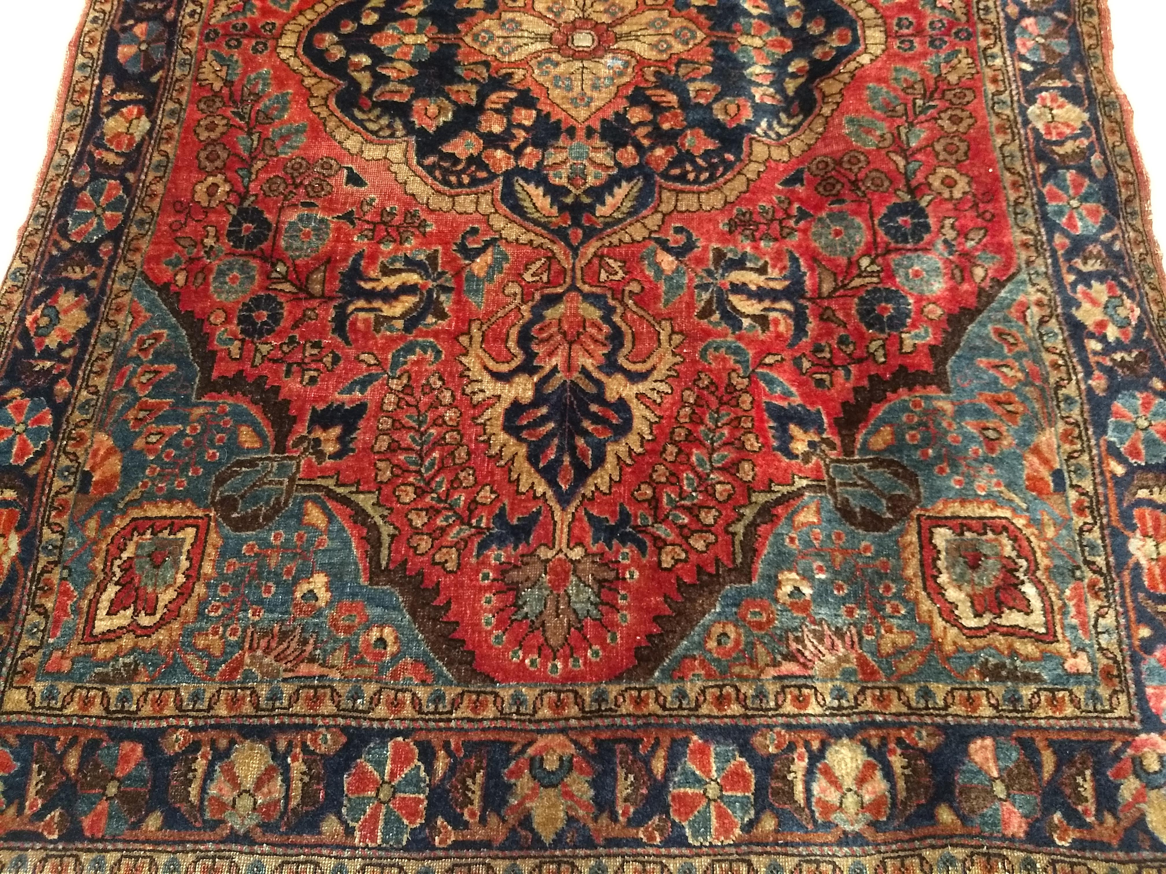 Wool Vintage Persian Sarouk in Floral Design with Turquoise, Navy Blue, Red Colors For Sale