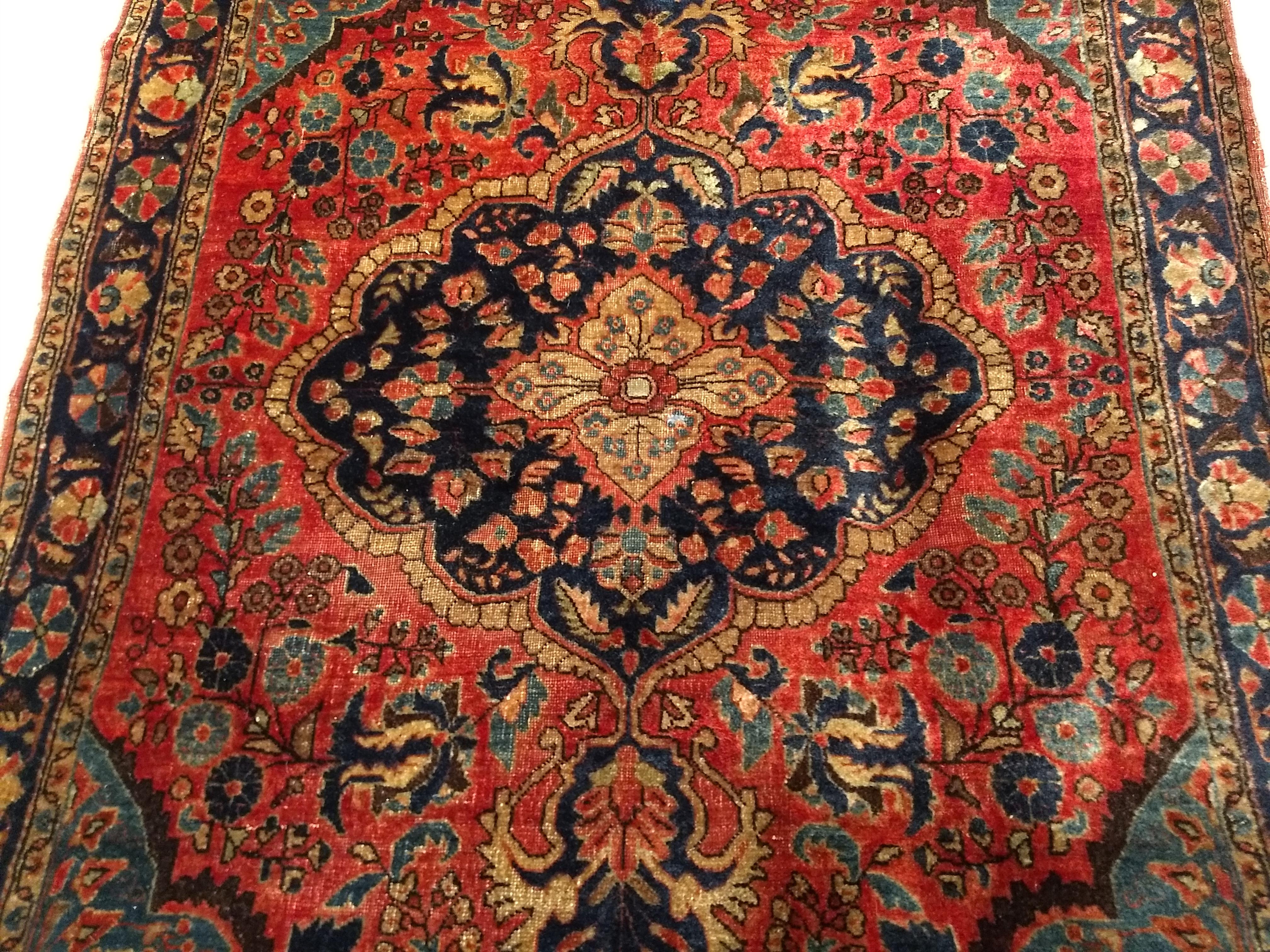 Vintage Persian Sarouk in Floral Design with Turquoise, Navy Blue, Red Colors For Sale 1