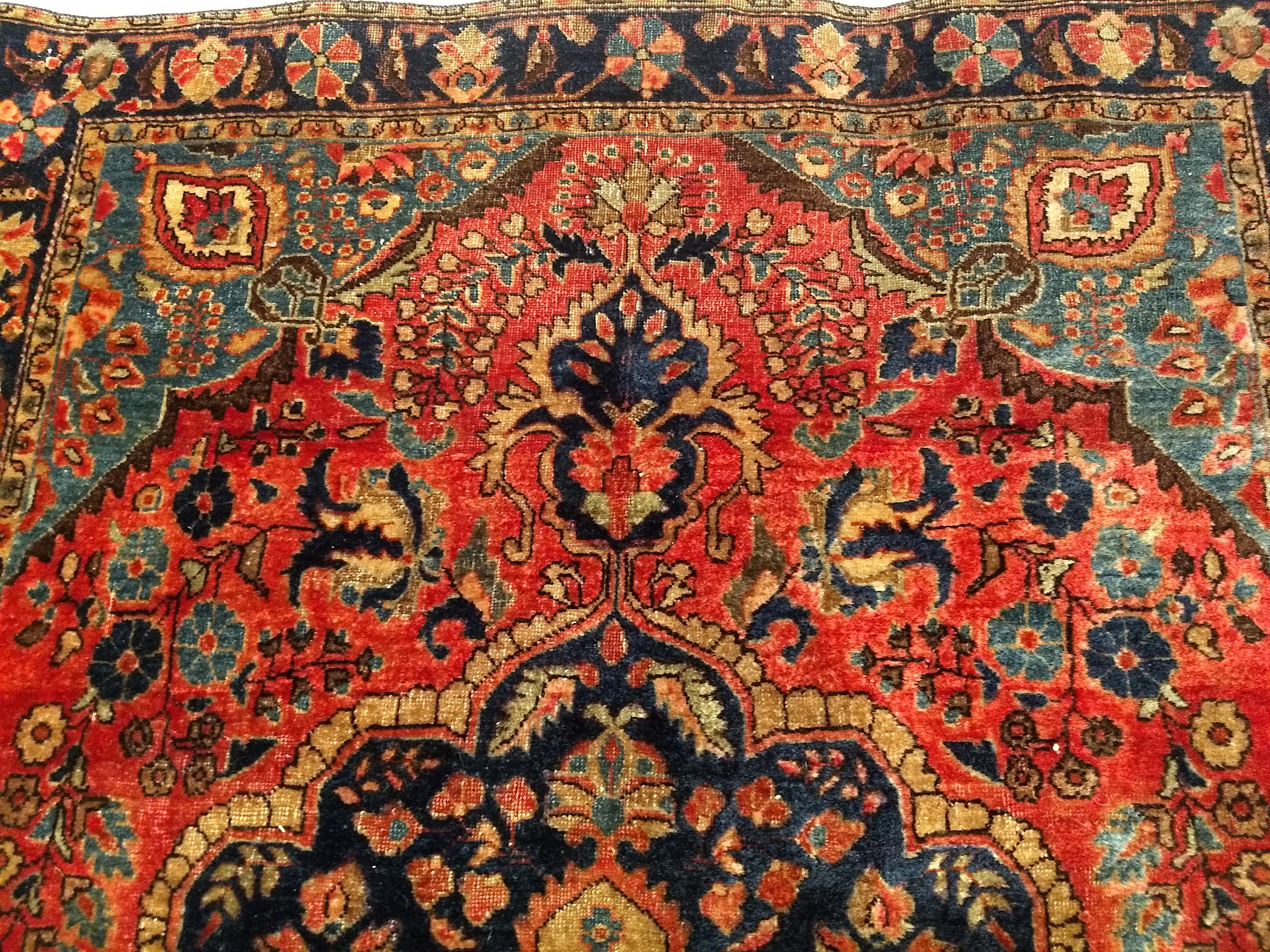 Vintage Persian Sarouk in Floral Design with Turquoise, Navy Blue, Red Colors For Sale 2