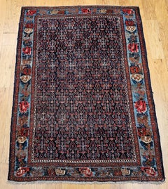 Vintage Persian Senneh Area Rug in All-Over Design in Navy, Green, Blue