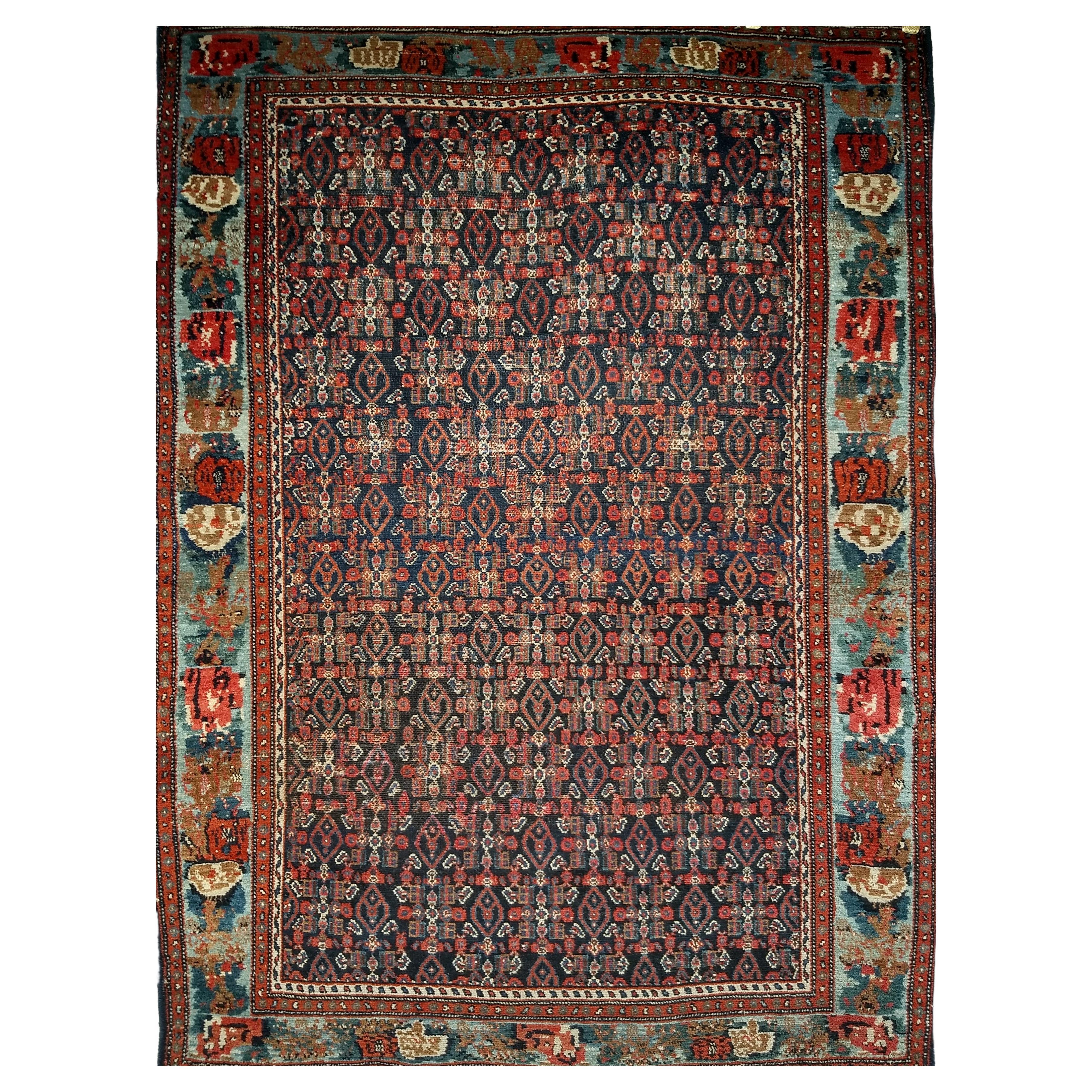 Tapis persan vintage Greene & Greene Greene en All-Over Design dans les tons marine, vert, bleu et rouge en vente