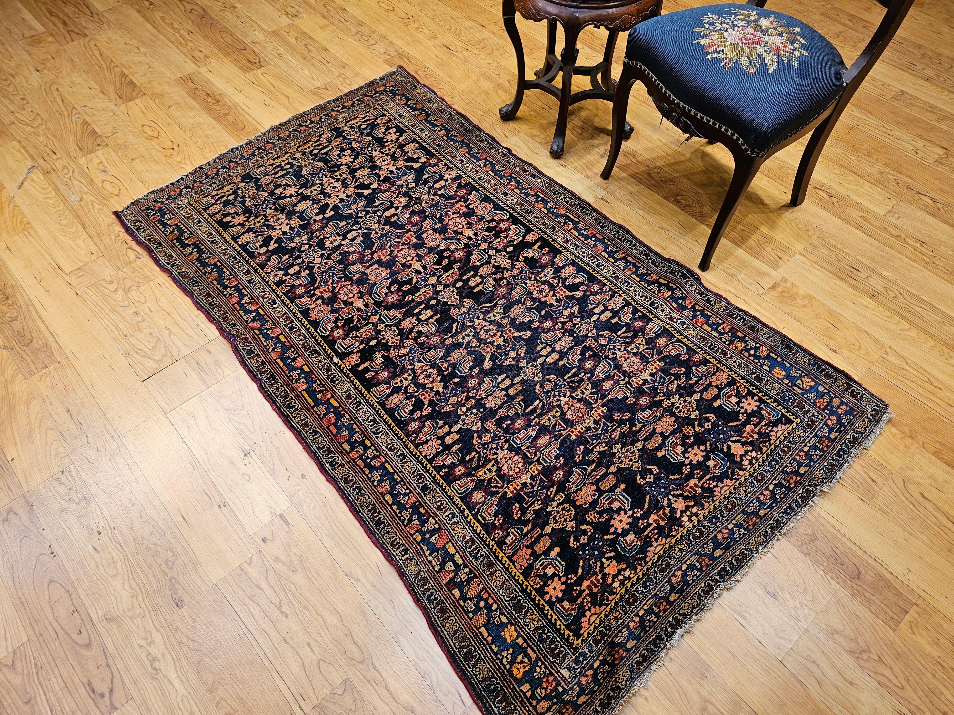 Vintage Persian Senneh Area Rug in Allover Herati Pattern in Navy, Blue, Red For Sale 5