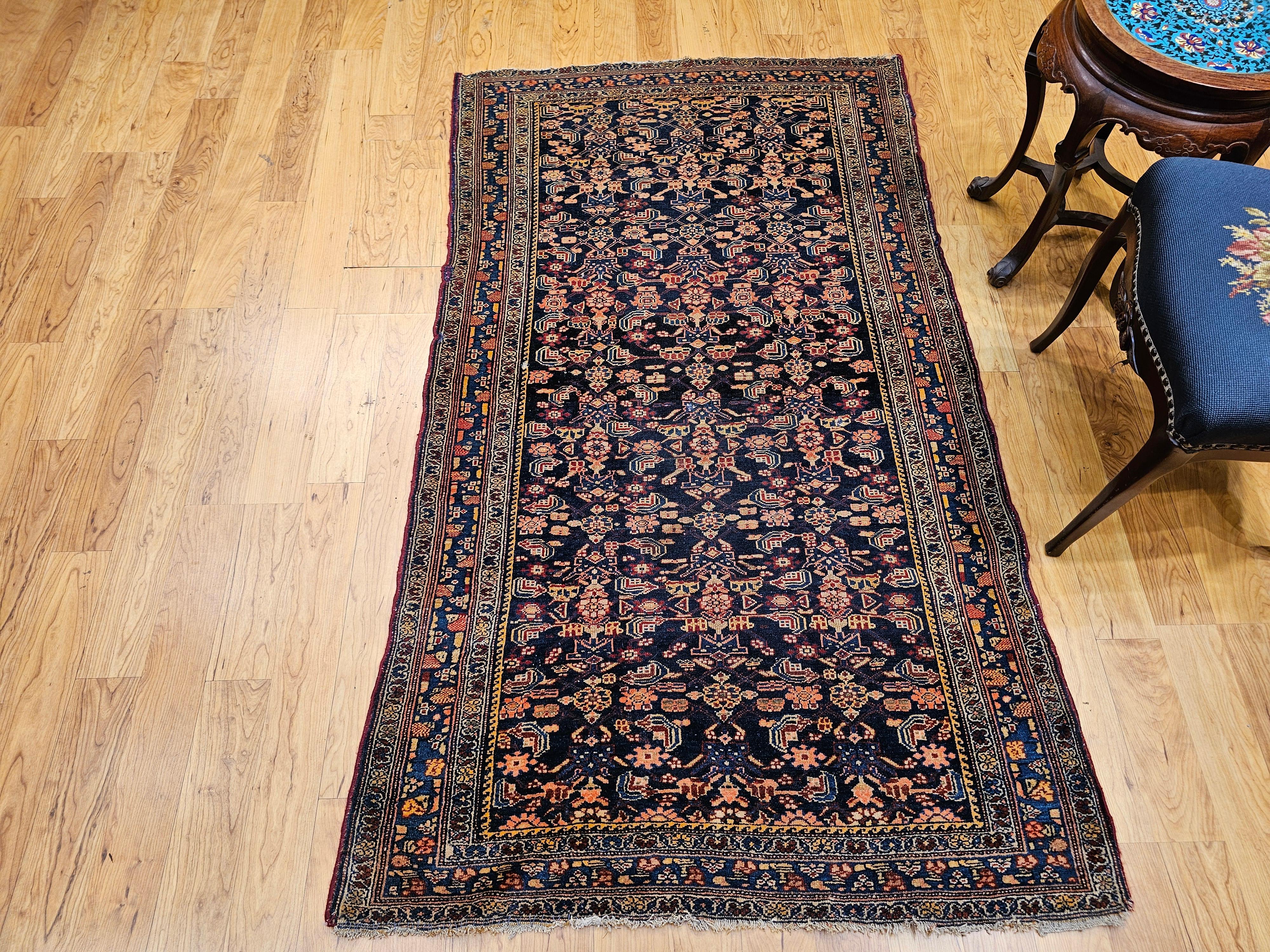 Vintage Persian Senneh Area Rug in Allover Herati Pattern in Navy, Blue, Red For Sale 6