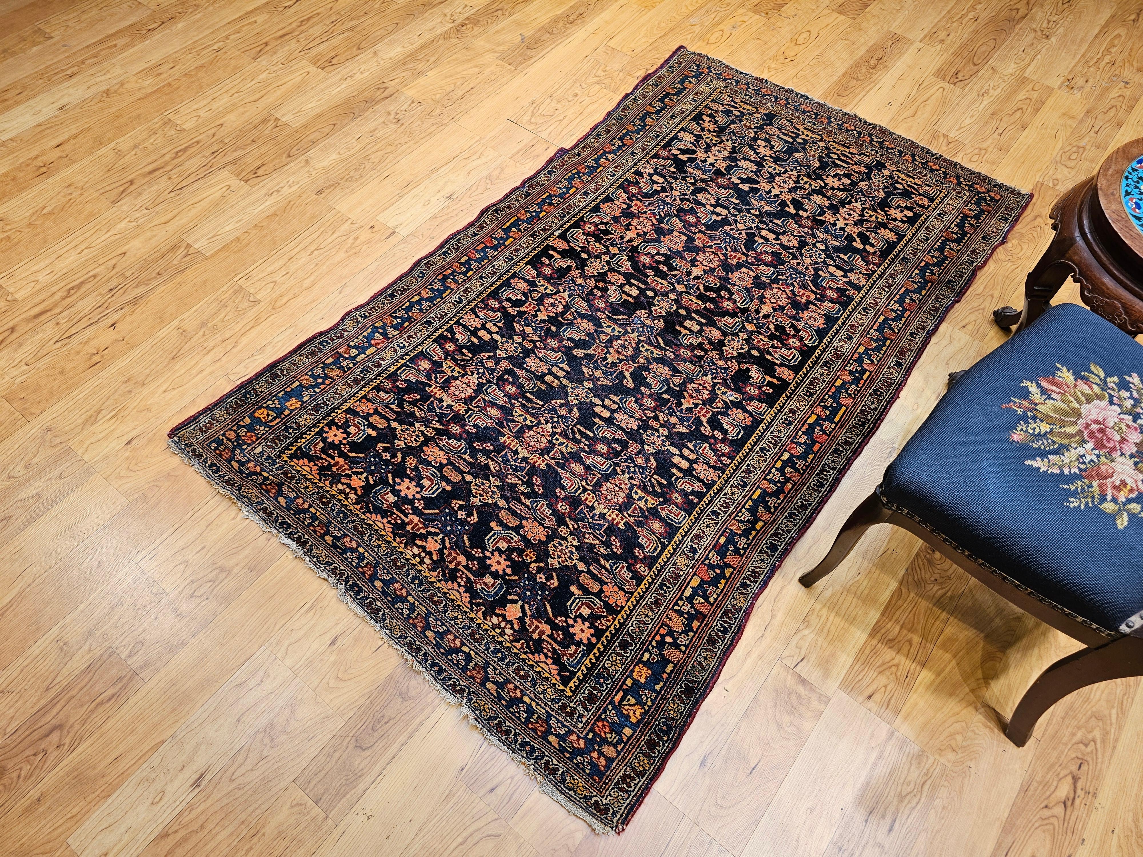 Vintage Persian Senneh Area Rug in Allover Herati Pattern in Navy, Blue, Red For Sale 7