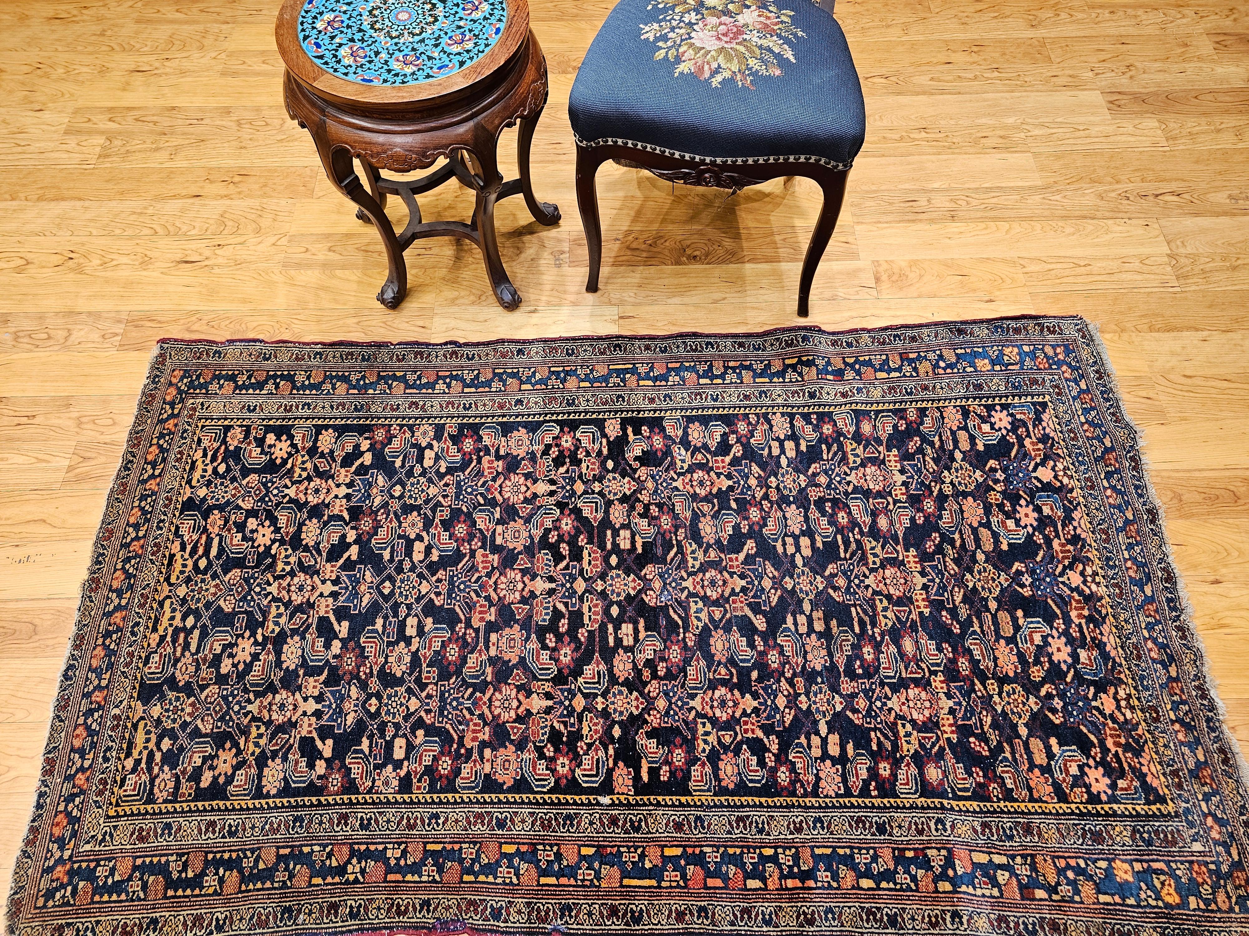 Vintage Persian Senneh Area Rug in Allover Herati Pattern in Navy, Blue, Red For Sale 8