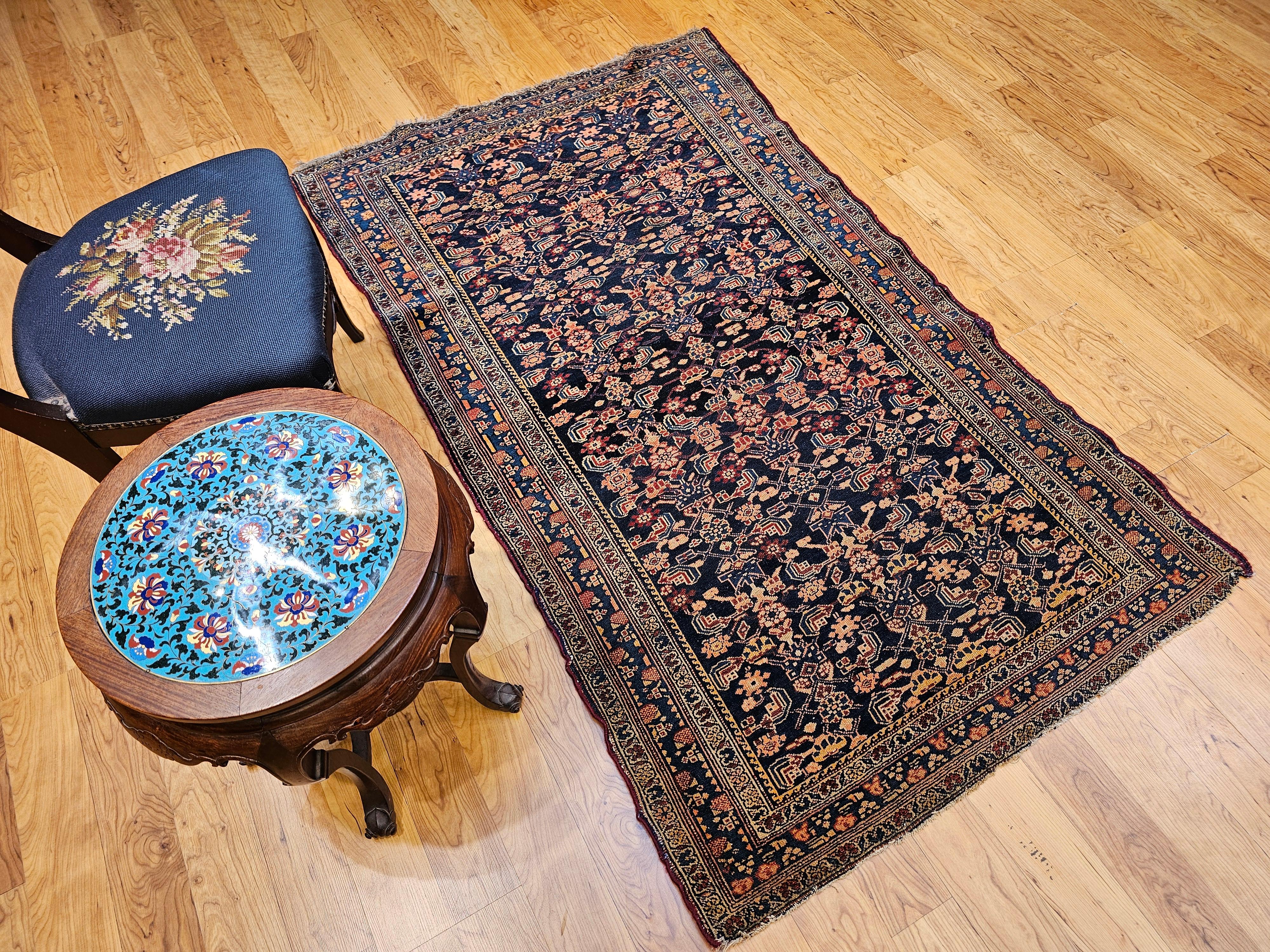 Vintage Persian Senneh Area Rug in Allover Herati Pattern in Navy, Blue, Red For Sale 9