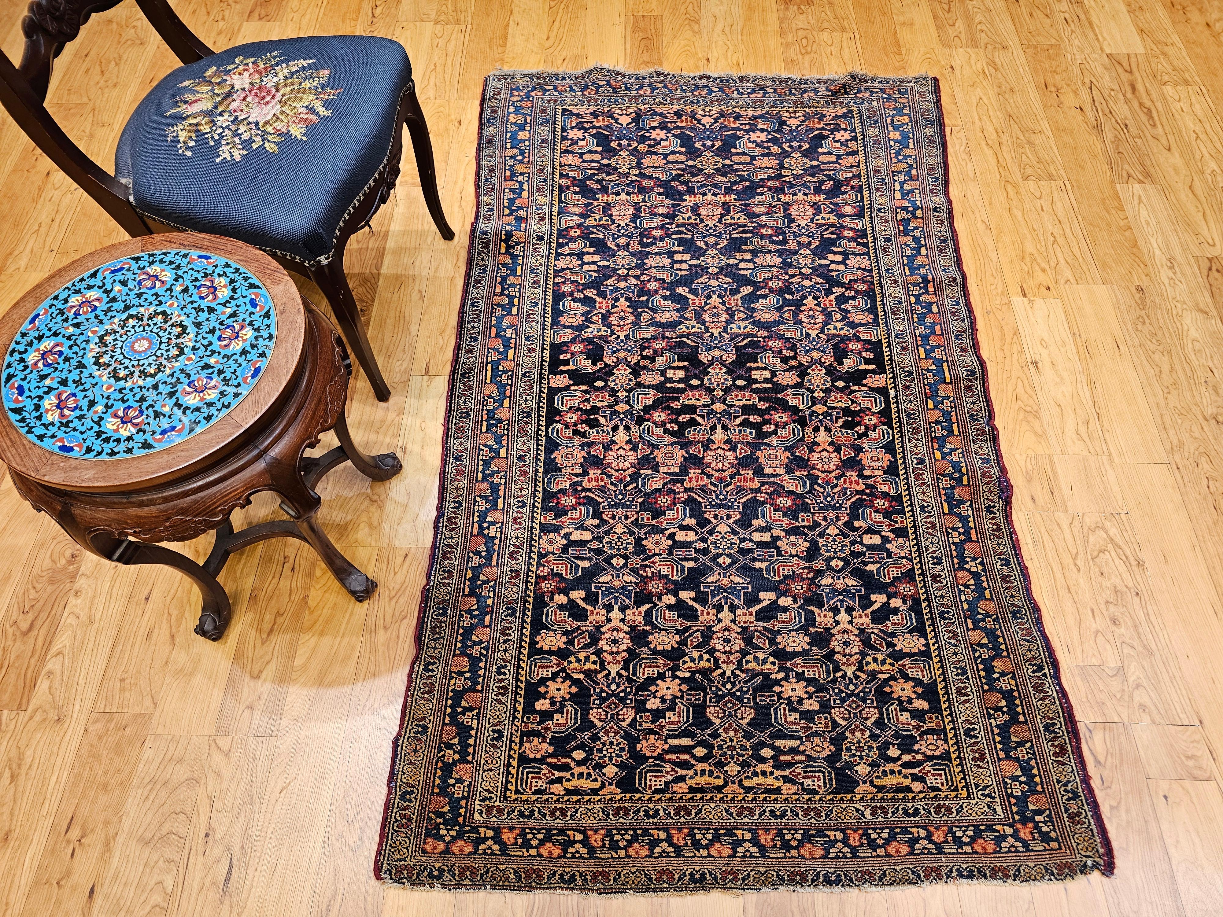 Vintage Persian Senneh Area Rug in Allover Herati Pattern in Navy, Blue, Red For Sale 10