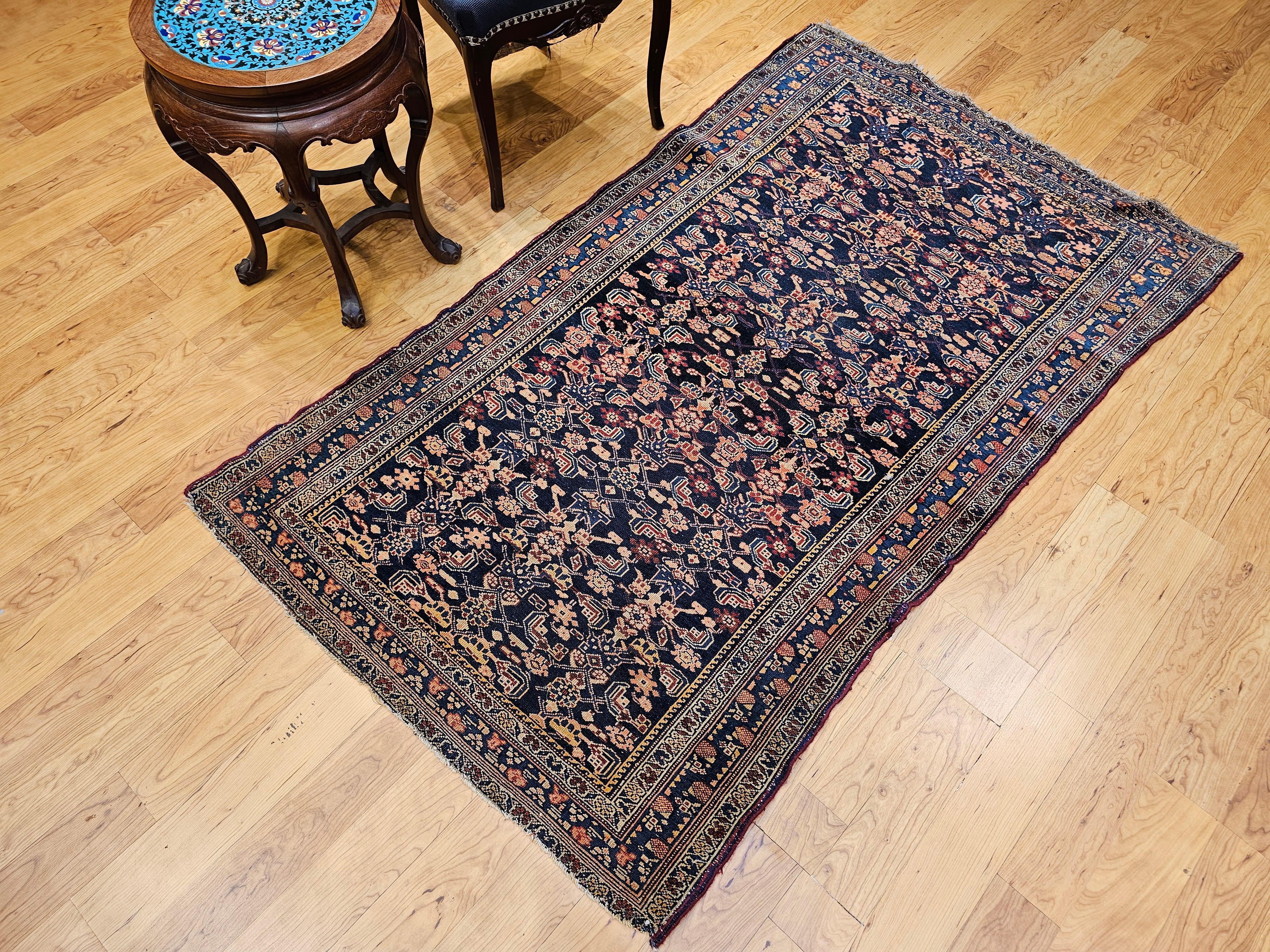 Vintage Persian Senneh Area Rug in Allover Herati Pattern in Navy, Blue, Red For Sale 11
