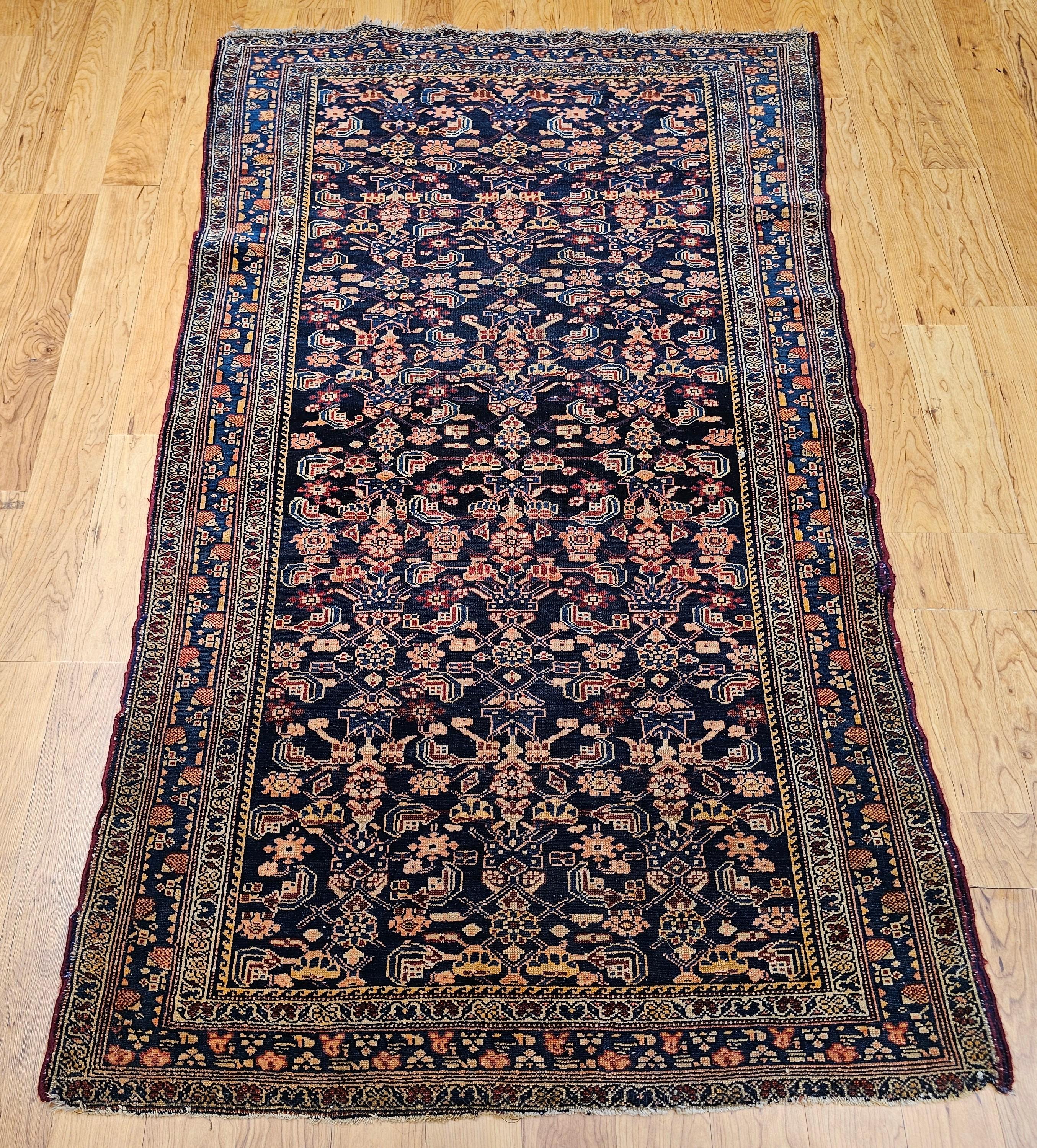Vintage Persian Senneh Area Rug in Allover Herati Pattern in Navy, Blue, Red For Sale 12