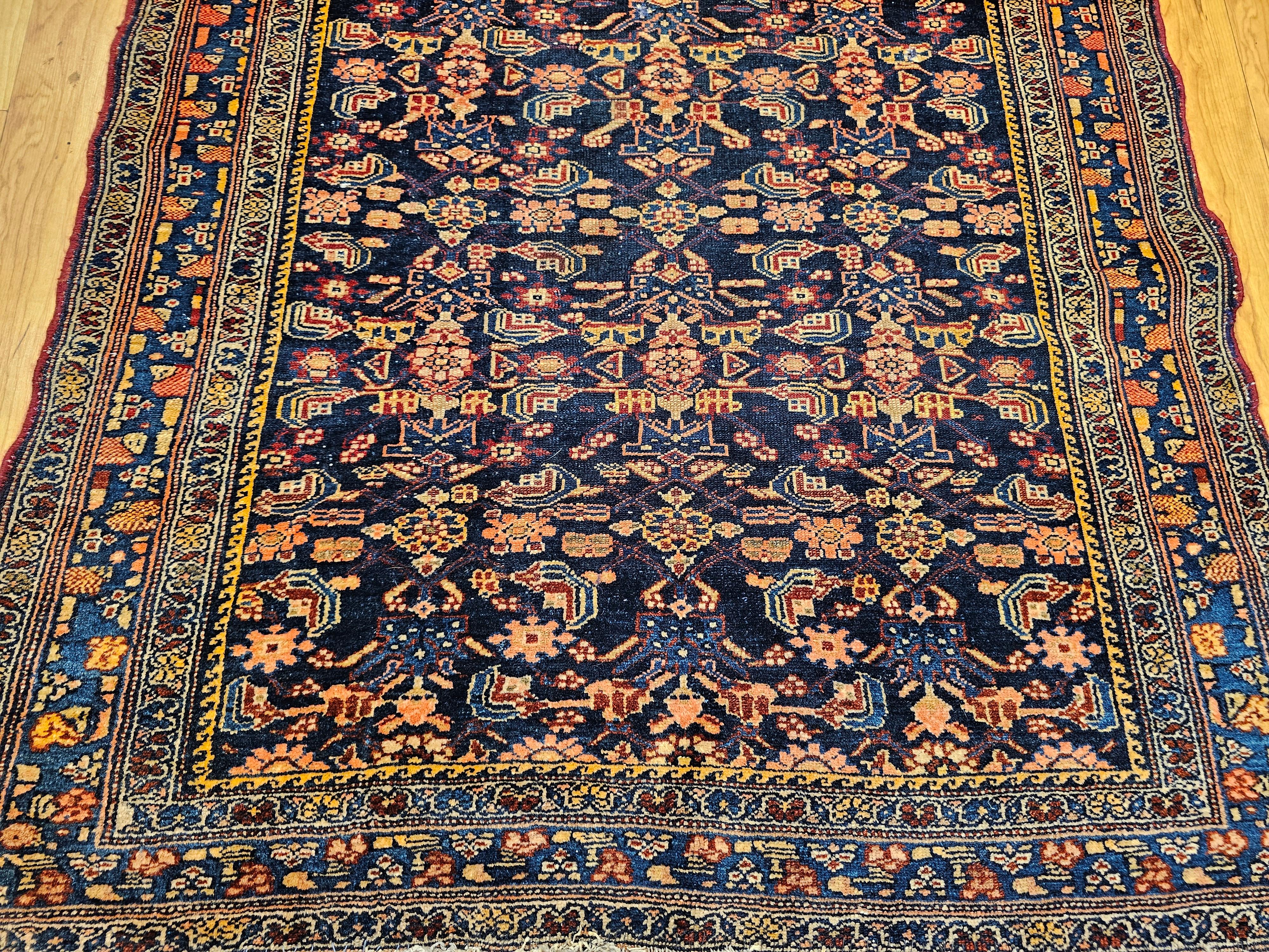 Vegetable Dyed Vintage Persian Senneh Area Rug in Allover Herati Pattern in Navy, Blue, Red For Sale