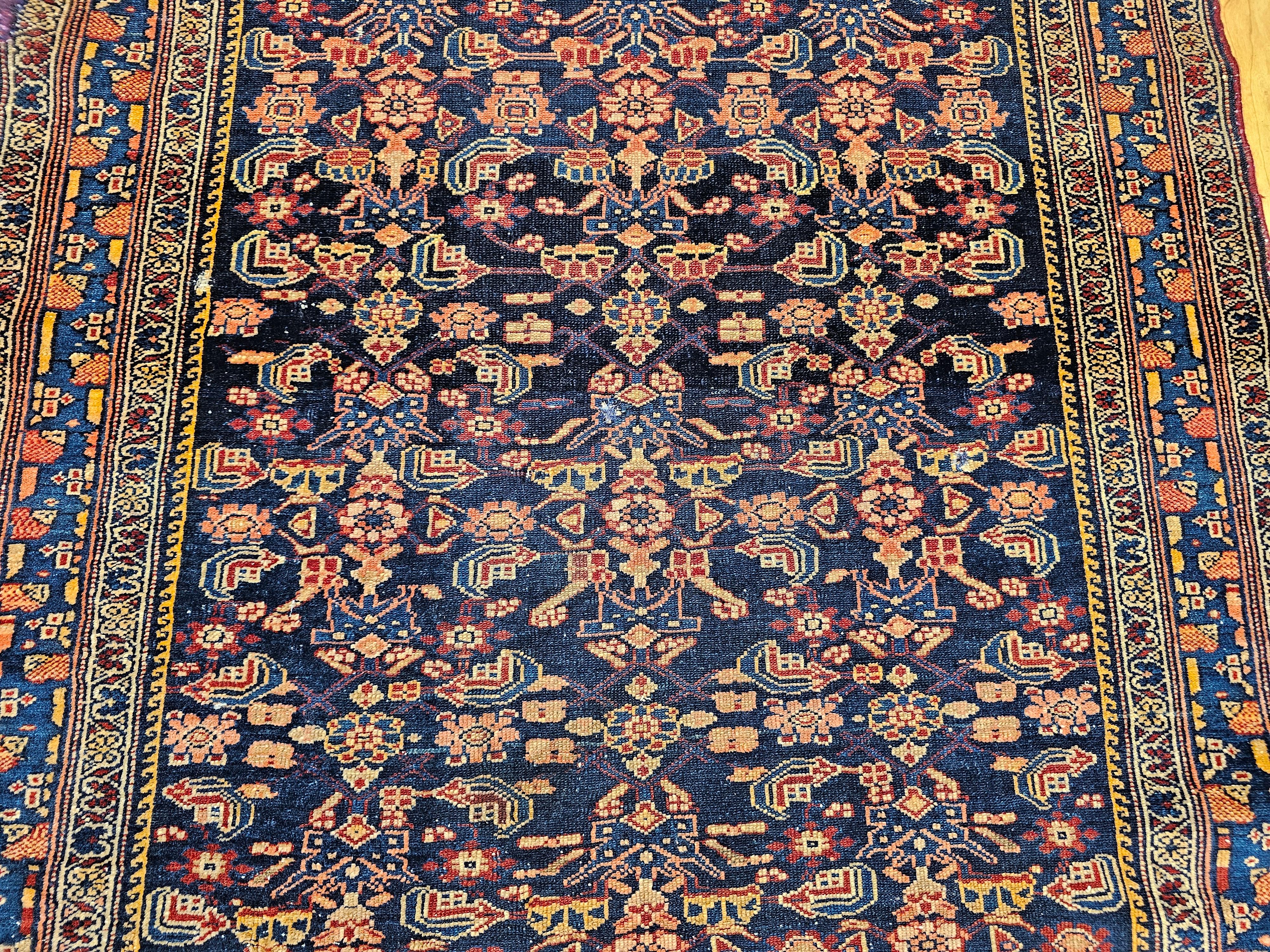 Vintage Persian Senneh Area Rug in Allover Herati Pattern in Navy, Blue, Red In Good Condition For Sale In Barrington, IL