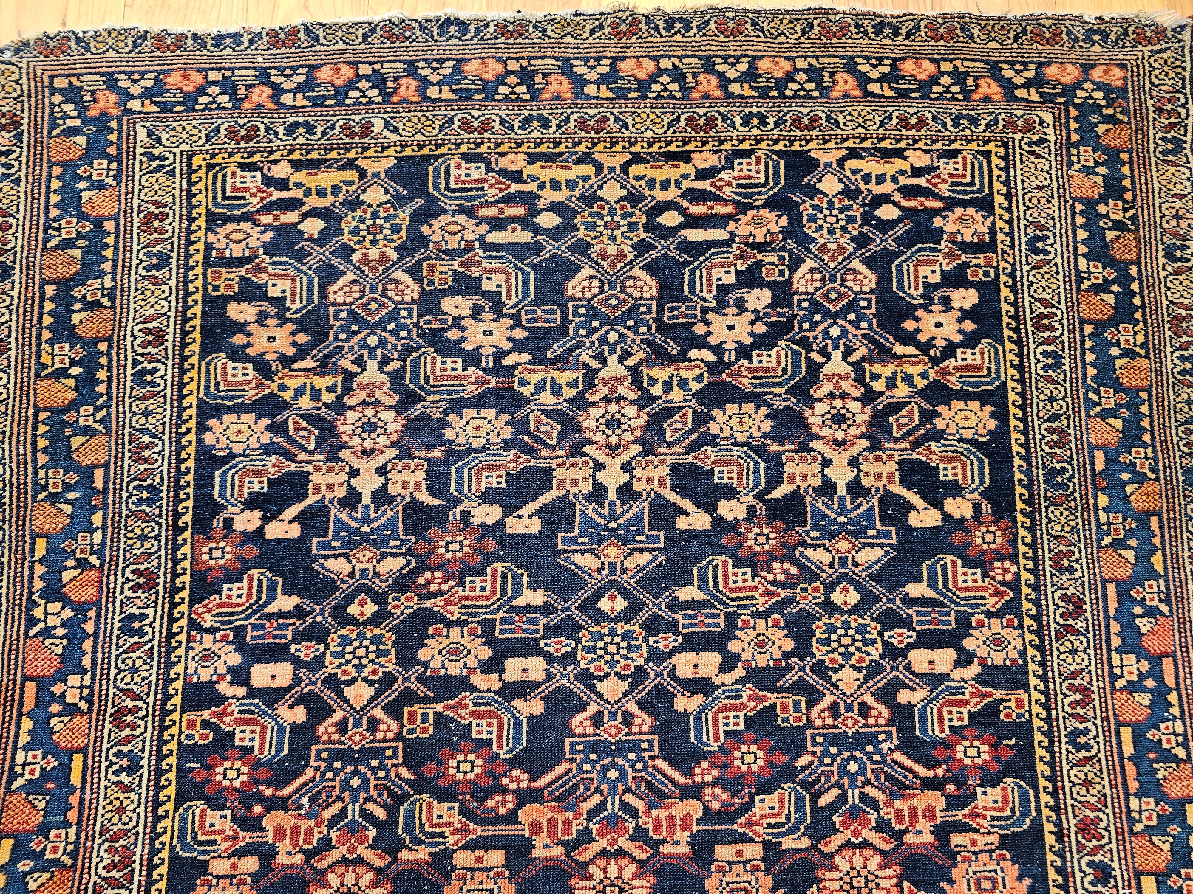 20th Century Vintage Persian Senneh Area Rug in Allover Herati Pattern in Navy, Blue, Red For Sale