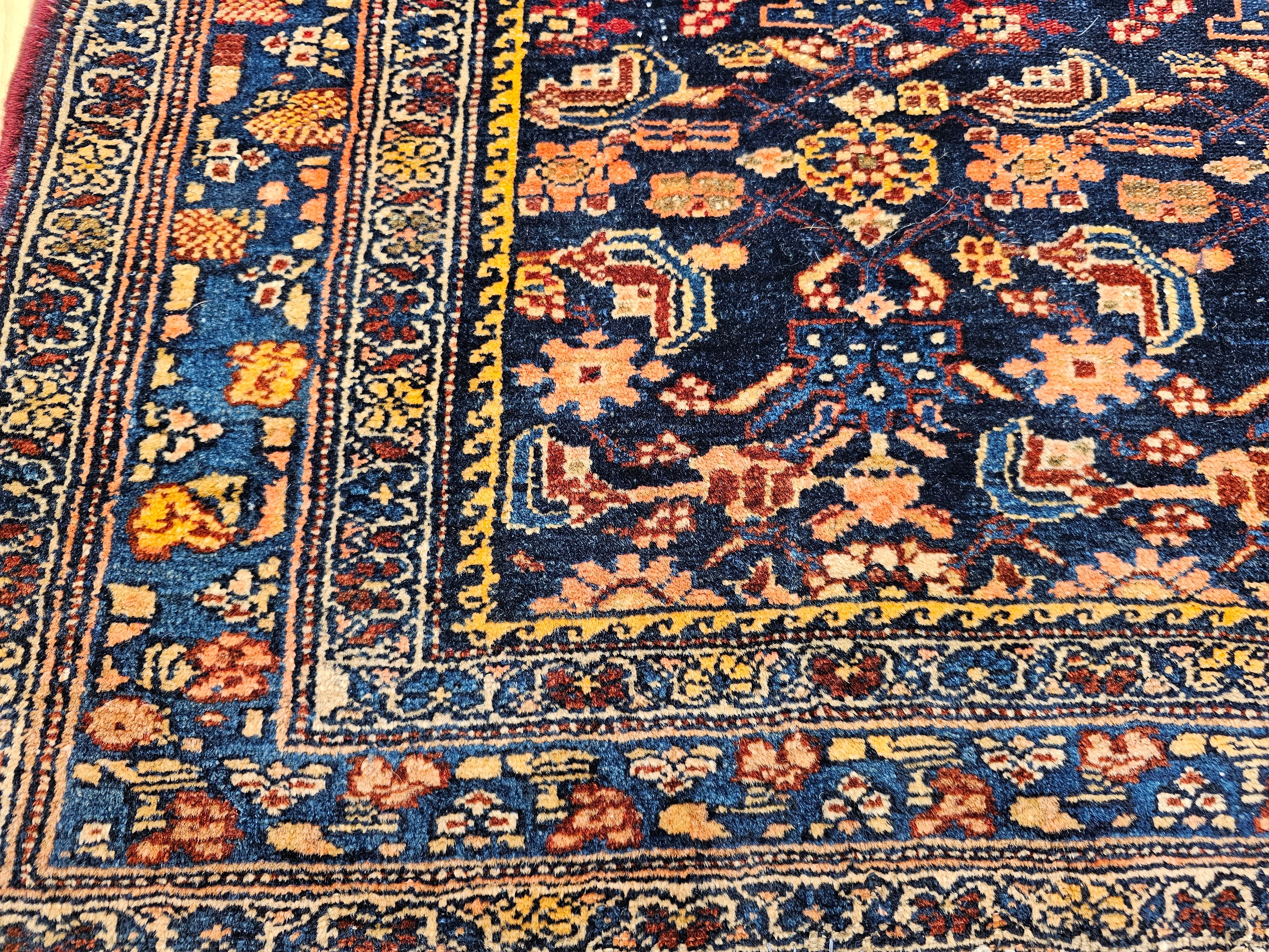 Wool Vintage Persian Senneh Area Rug in Allover Herati Pattern in Navy, Blue, Red For Sale