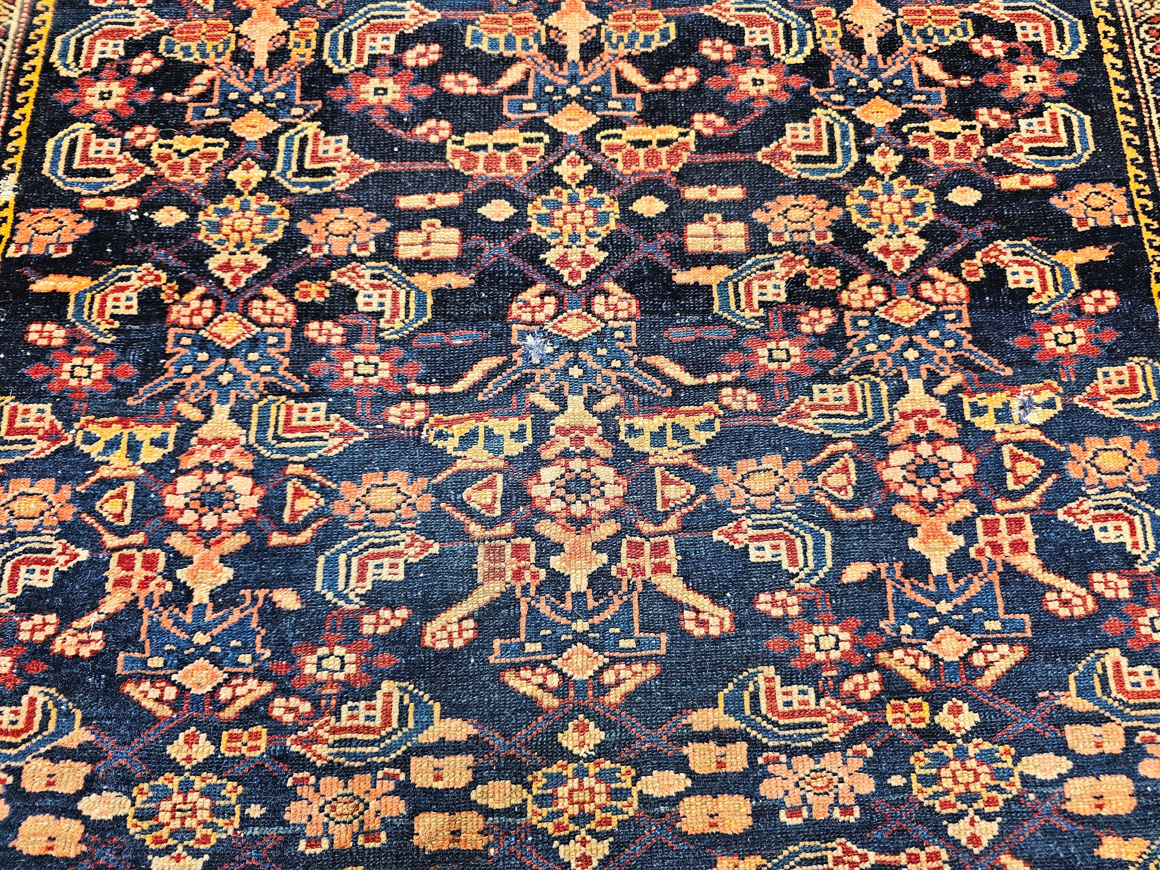 Vintage Persian Senneh Area Rug in Allover Herati Pattern in Navy, Blue, Red For Sale 2
