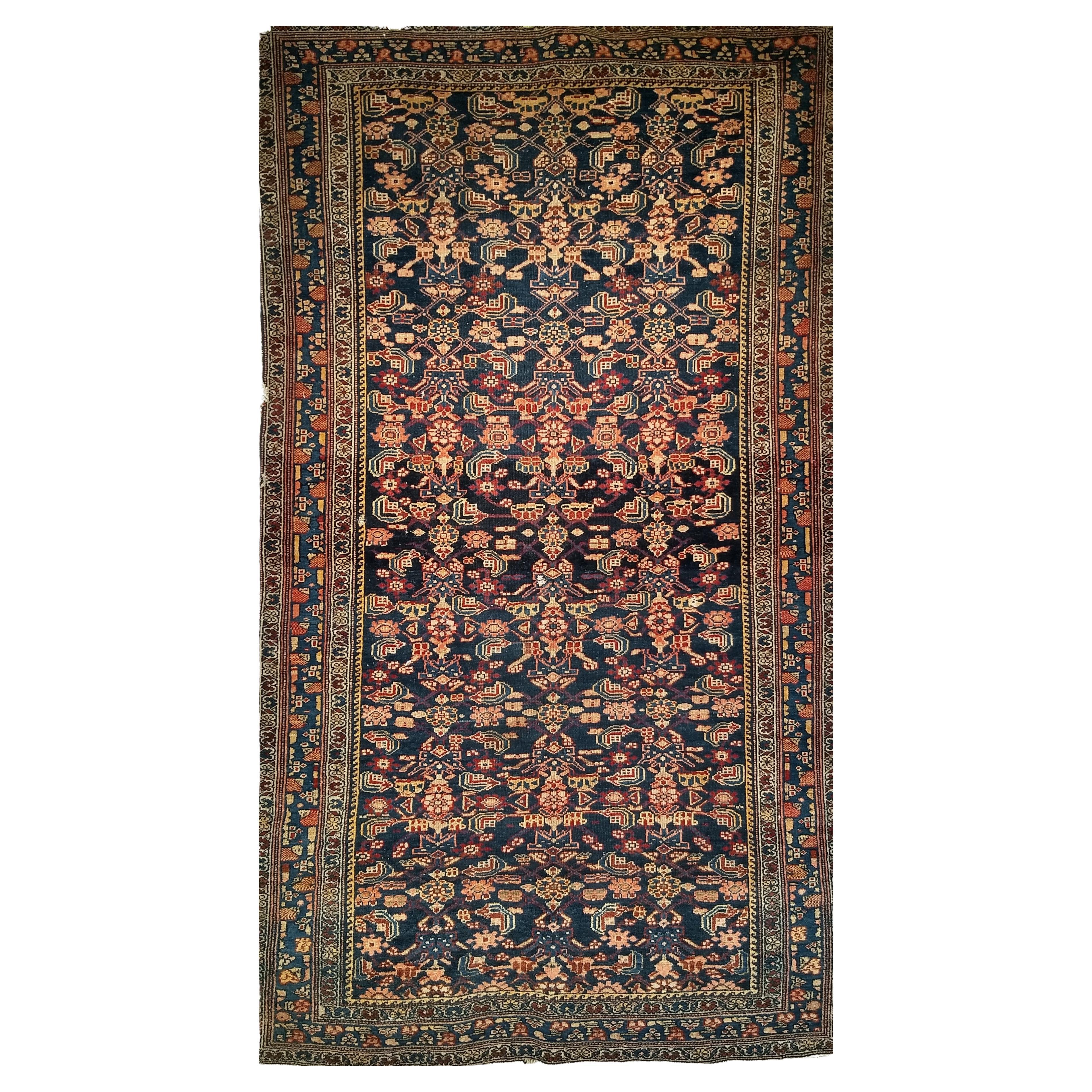 Vintage Persian Senneh Area Rug in Allover Herati Pattern in Navy, Blue, Red