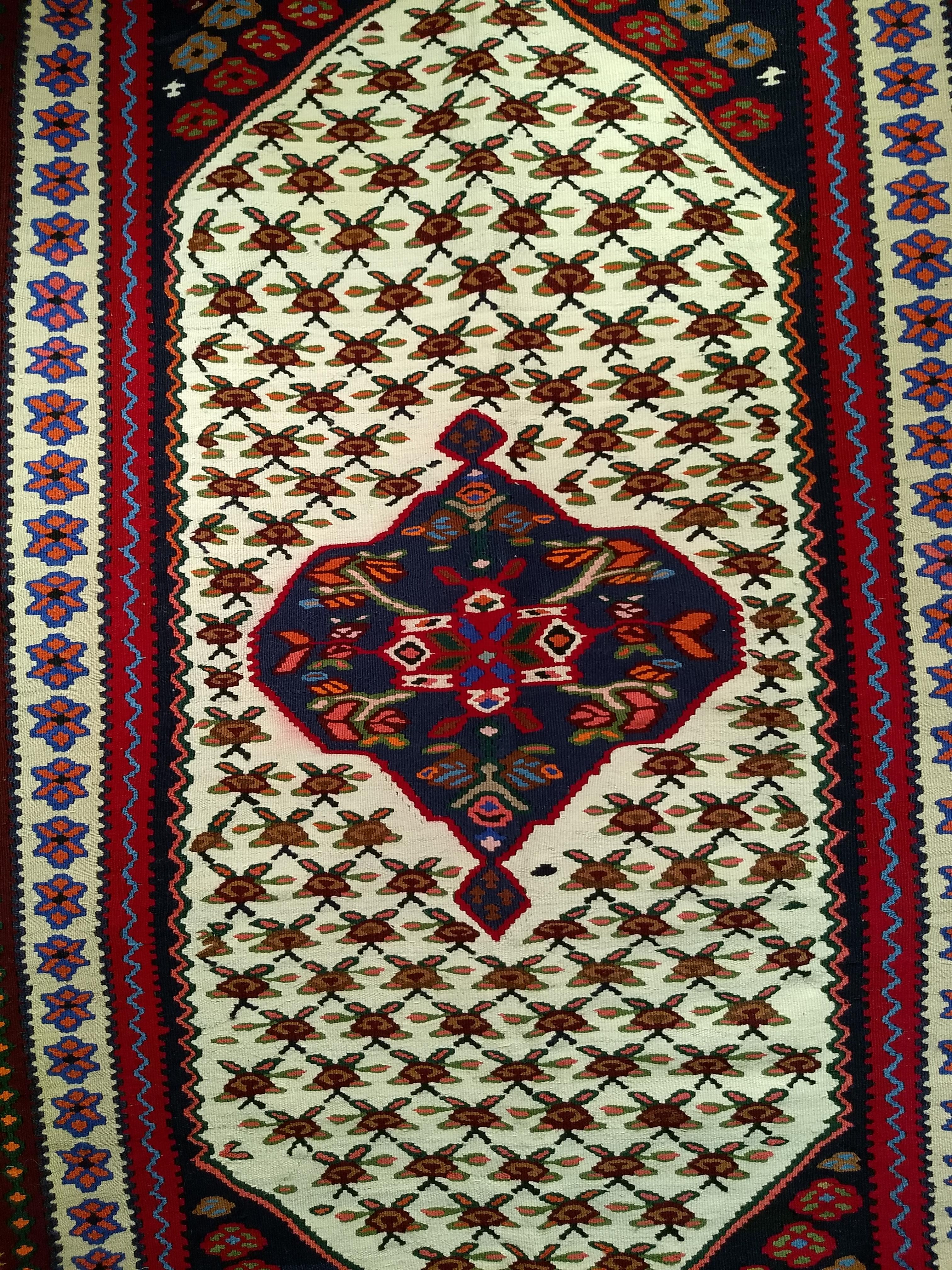 Vintage Persian Senneh Kilim Area Rug in Geometric Design in Ivory, Red, Blue For Sale 3