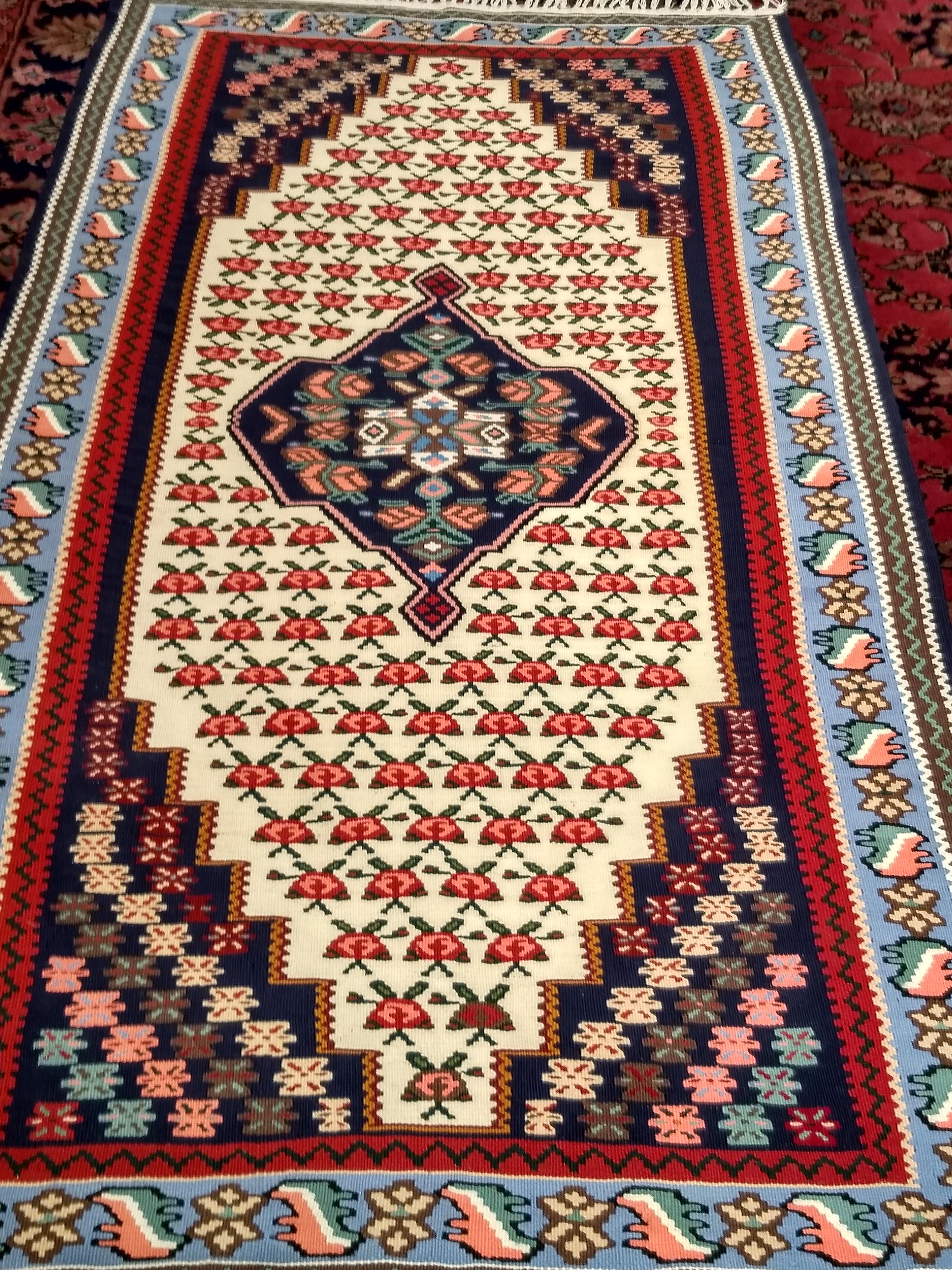 Vintage Persian Senneh Kilim Area Rug in Geometric Design in Red, Blue, Ivory For Sale 7